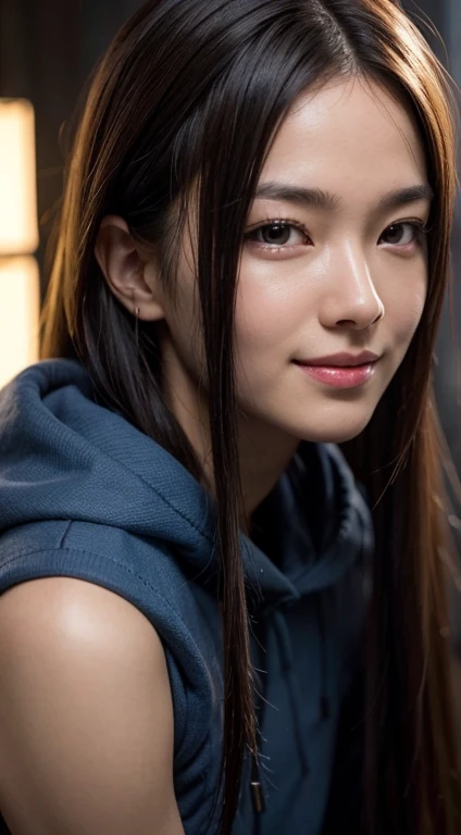8k, best quality, masterpiece, realistic, ultra detail, photo realistic, hyper realistic, smoother lighting, increase cinematic lighting quality, realistic lighting, backlighting, brightening light, Increase quality, best quality real texture skin,
close-up, slender, cute face, smile, beautiful details eyes, 19years old korean, pretty, Drill hair with electric blue color, hood, aodaisexy