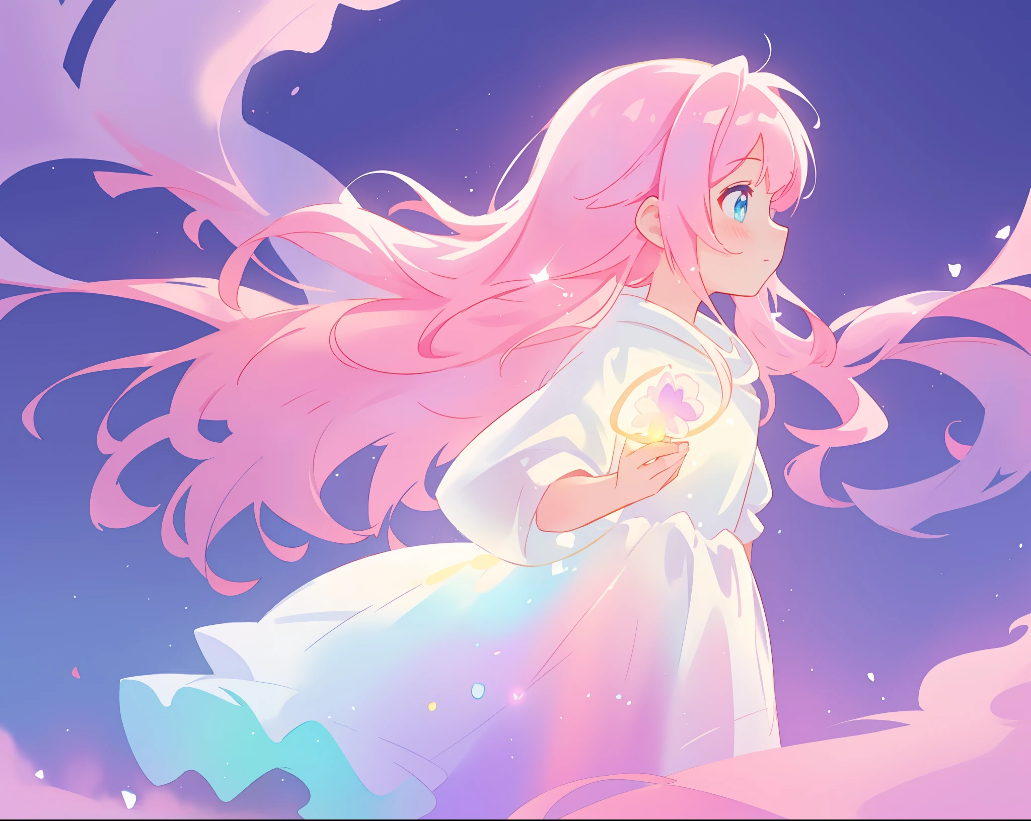 beautiful girl in glowing white dress, ((flowing white ballgown)), (looking away, profile view), vibrant pastel colors, (colorful), magical lights, long flowing colorful pink hair, ((glowing aura around her)), flowing glowing hair, fantasia landscape background, whimsical, magical, fantasy, beautiful face, ((masterpiece, best quality)), intricate details, highly detailed, sharp focus, 8k resolution, sparkling detailed eyes, liquid watercolor
