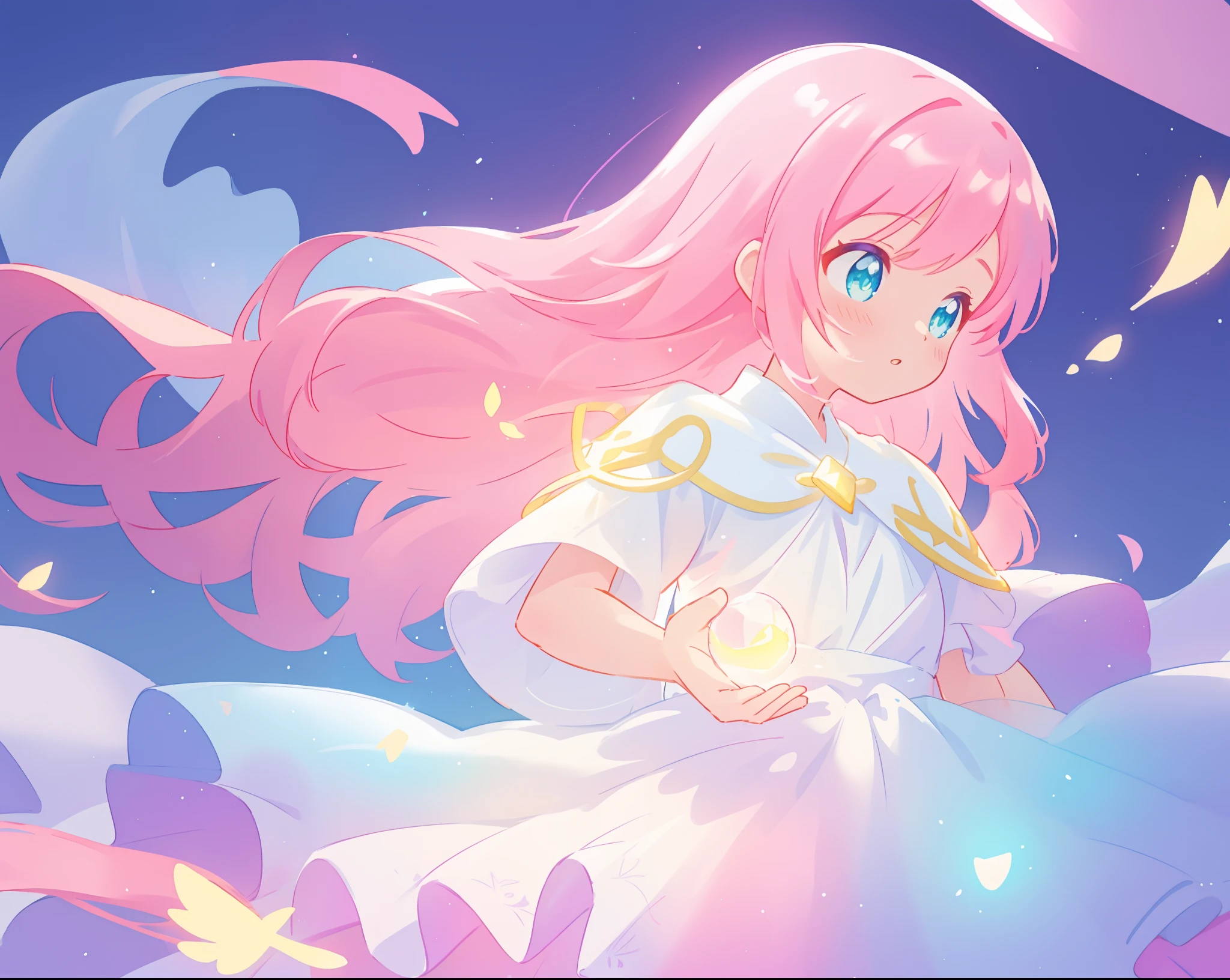 beautiful girl in glowing white dress, ((flowing white ballgown)), (looking away, profile view), vibrant pastel colors, (colorful), magical lights, long flowing colorful pink hair, ((glowing aura around her)), flowing glowing hair, fantasia landscape background, whimsical, magical, fantasy, beautiful face, ((masterpiece, best quality)), intricate details, highly detailed, sharp focus, 8k resolution, sparkling detailed eyes, liquid watercolor