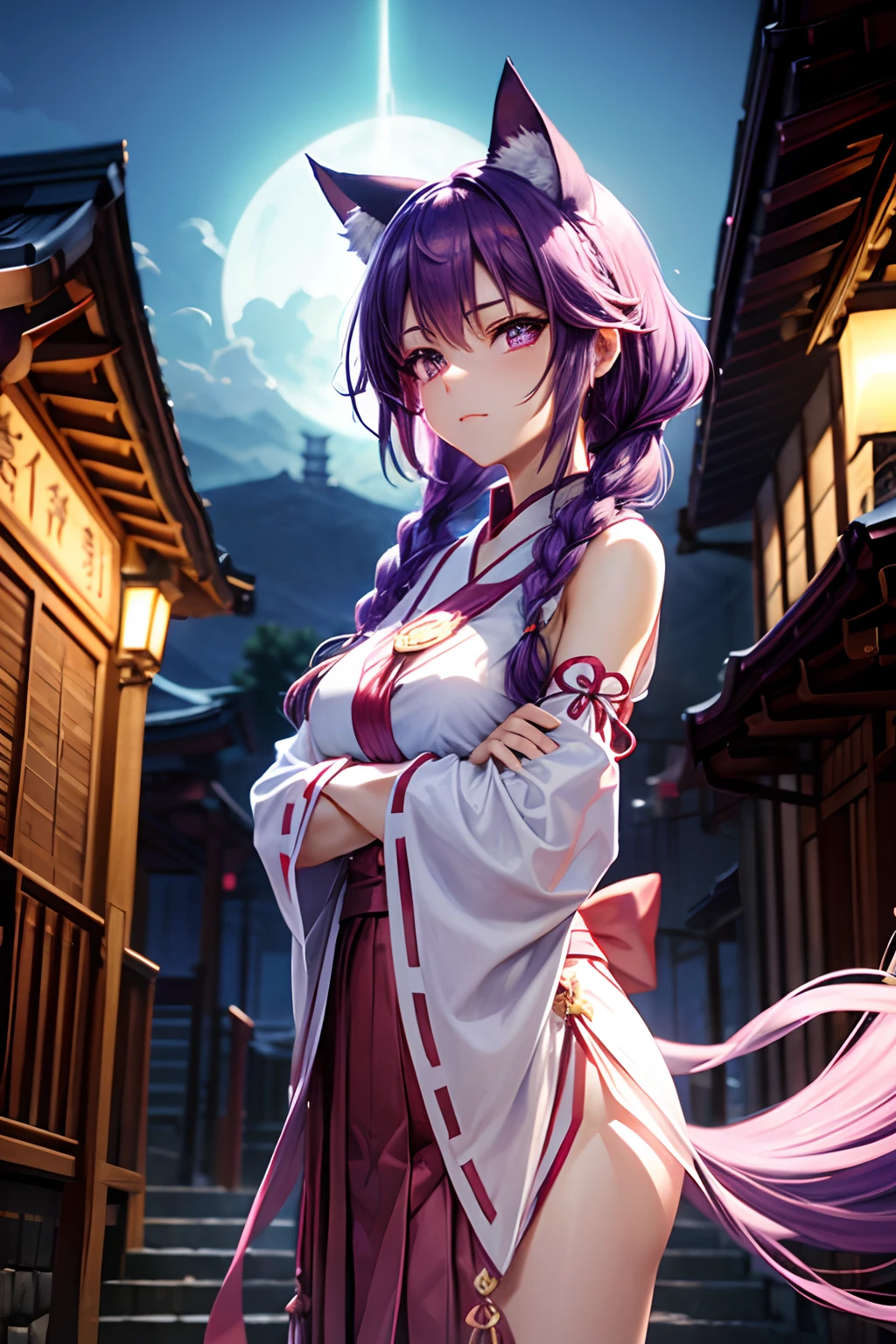 Top quality, high resolution, perfect human structure, background focus, front view, purple hair, glowing hair, cat ears, miko clothes, shrine, crossed arms, french braid, crazy eyes,