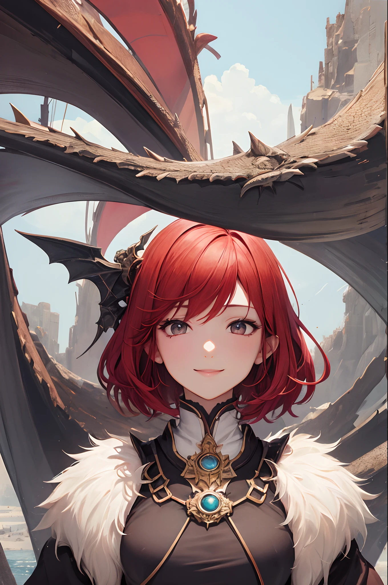 ​masterpiece、top-quality、超A high resolution、Space Dragon Girl、2D Beautiful Girl、soio、kindly smile、Red-haired、short-haired、Eyes are drawn in detail、The face is depicted in detail、Clothes are depicted in detail、animesque、illustratio