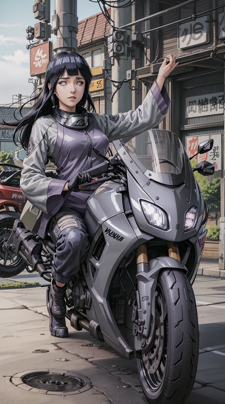 sitting on motorbike, motorbike, kawasaki ninja, hinata\(boruto\), hinata from the anime naruto, light purple eyes, long hair, black hair, bangs, beauty, beautiful woman, perfect body, perfect breasts, riding a sports motorbike, light purple motorbike, wearing racing boots, wearing gloves, racing overalls, racing wearpack, in the parking area, gas station, looking at the audience, realism, a slight smile, masterpiece, leather textured, super detailed, high detail, high quality, best quality, 1080p, 16k