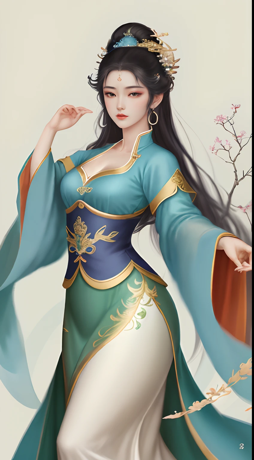 Mulher ansiosa posando para foto em vestido azul e branco, mulher anime bonita e sedutora, uma bela imperatriz fantasia, inspirado em Fenghua Zhong, pintura de personagem bonita,，she is dancing，autor：Qiu Ying, pintura sensual, Directed by: Leng Mei, por Yang J, Arte Pinup, germe da arte. anime illustration, inspirado por Chen Yifei, autor：Chen Lin