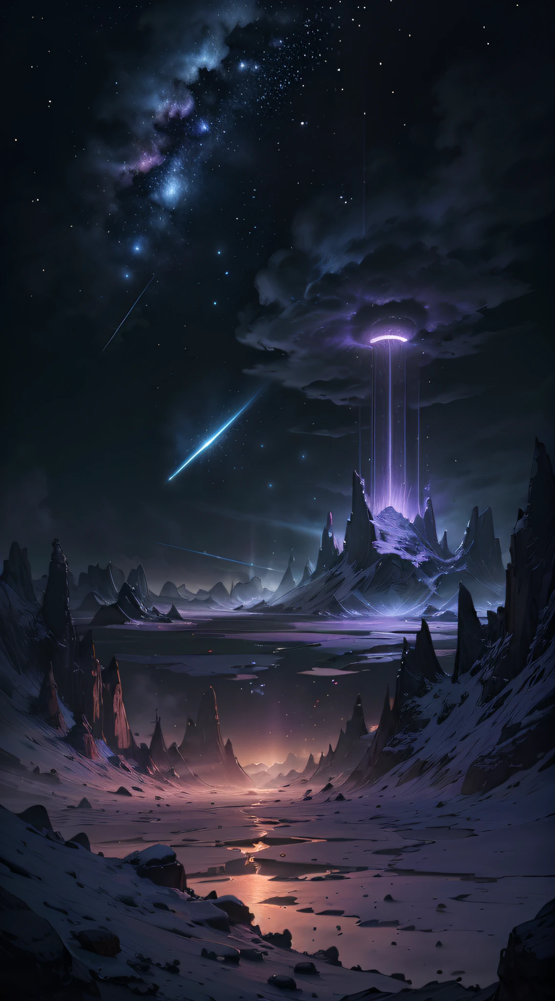 ((tmasterpiece, best qualityer, ultra - detailed, A high resolution)) Expansive landscape photography, (See below.), Above is the sky, Below is an open field), (Take the keys: 1.2), (meteors: 0.9), (Starcloud: 1.3), Far Mountain, Tree BREAK making art, (Warm light source: 1.2), (glowworm: 1.2), lamp lights, Very purple and orange, Complicated details, Volume lighting, BREAK realism (tmasterpiece: 1.2),  (best qualityer), ultra - detailed, The is very detailed, Colorful detailed, (Rainbow colors: 1.2), (Bright lighting, Atmospheric illumination), Dreamlike, magical, 4K