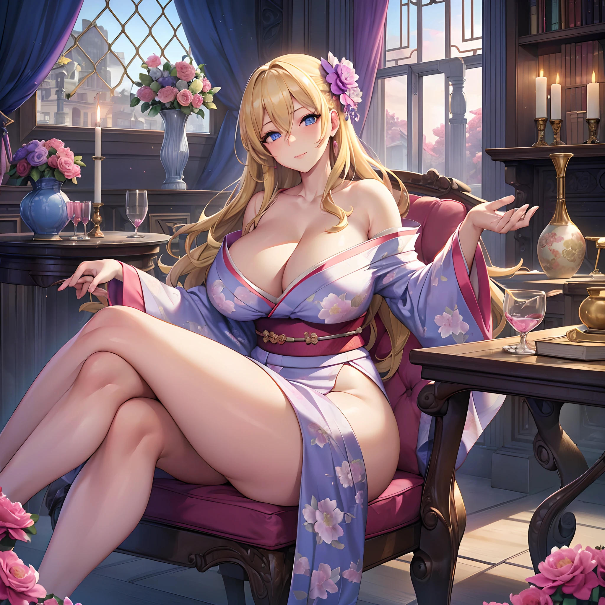 Masterpiece, Best Quality, (((Solo mature woman))), (((long blonde hair))), (((wide hips))), (((beautiful blue eyes))), full lips, seductive smile, large chest, curvy, sexy, ((on bed)) (((wearing pink with white with purple floral kimono))), [Janet], [Alice], (((solo))), (((alone))), ((huge boobs)), (cleavage), (((sitting in chair with open legs)))red curtains, messy hair, curly hair, bookshelves and candles, thick thighs, (((ready to breed))), ((beautiful mature female face)), ((beautiful 40 year old MILF)),