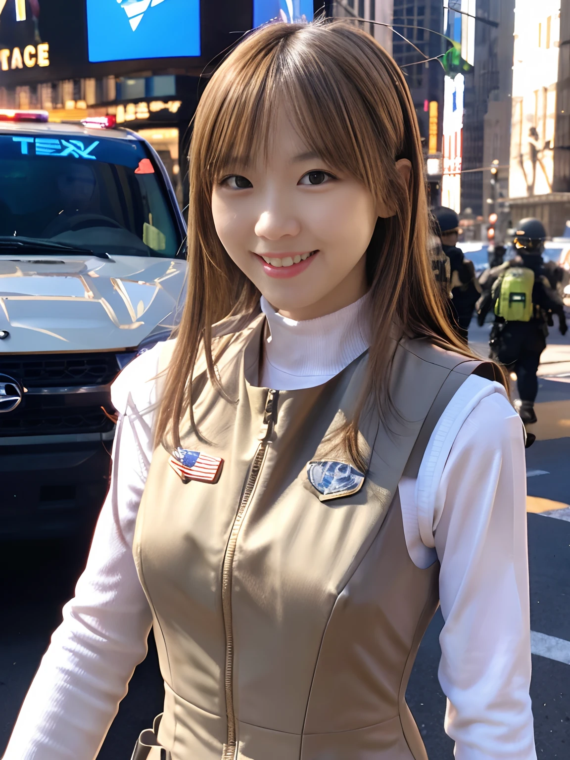 (masutepiece), Best Quality, Ultra-detailed, Illustration, Warm lighting, Bright colors, 1girl in, Solo, Very long hair, Grey Hair,(Gold Bodysuit,White Armored Vest),Flowing hair, armor,  Combat readiness、While looking at the screen in front of the police car and smiling，Security on Wall Street in New York，