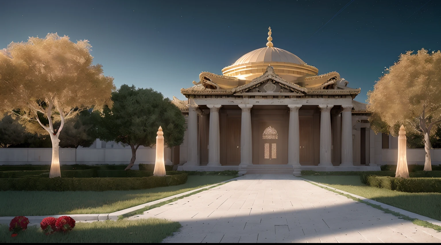 View of athens big temple in red roses field,night sky with nebulae,high-quality render,wide angle view,deep Depth of Field,no blurring,beautifully color - coded,intricate details,beautifully color graded,Natural Lighting,Optical Fiber,Moody Lighting,Cinematic Lighting,Studio Lighting,Soft Lighting,Volumetric,Beautiful Lighting,Accent Lighting,Global Illumination,Screen Space Global Illumination,Ray Tracing Global Illumination, Optics,Shadows,Shimmering,Ray Tracing Reflections,lumen Reflections,Screen Space Reflections,Diffraction Grading,Chromatic Aberration,GB Displacement,Scan Lines,ray Traced,Ray Tracing Ambient Occlusion,Anti - Aliasing,FXAA,TXAA,RTX,SSAO,Shaders,OpenGL - Shaders,GLSL - Shaders,Post Processing,Post - Production,Cell Shading,Tone Mapping,CGI,VFX,SFX,insanely detailed and intricate,hyper maximalist,hyper realistic,super detailed,photorealistic,ultra photoreal,ultra - detailed,4K,full color,volumetric lighting,HDR,Unreal engine 5