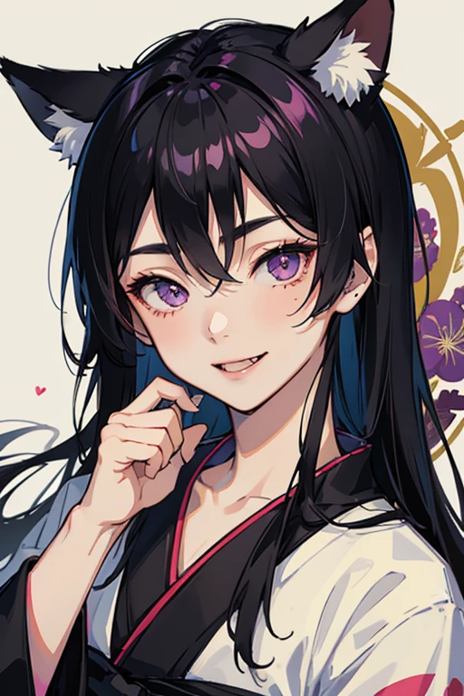 masterpiece, best quality, young japanese man posing for a portrait, 1boy, male focus, solo, kitsune, fangs, pale skin, violet eyes, tsurime, hime cut, straight hair, black hair, long hair, kemonomimi, animal ears, black fox ears, japanese clothes, kimono, upper body, looking at viewer, edo period, feminine face, feminine body, flat chest, mischievous, smile