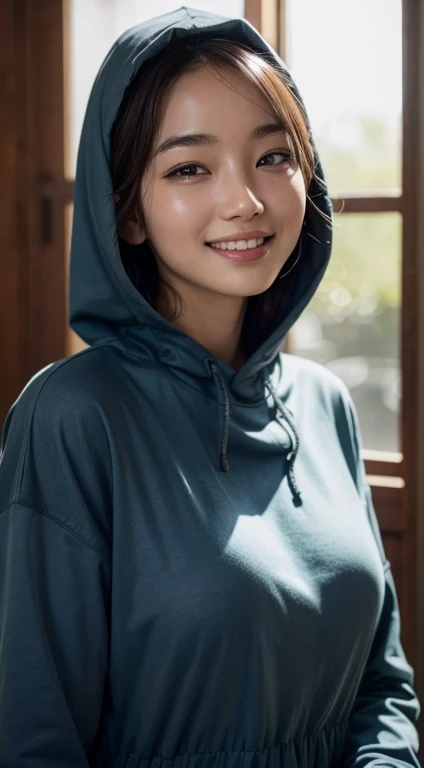8k, best quality, masterpiece, realistic, ultra detail, photo realistic, hyper realistic, smoother lighting, increase cinematic lighting quality, realistic lighting, backlighting, brightening light, Increase quality, best quality real texture skin,
close-up, slender, cute face, smile, beautiful details eyes, 19years old korean, pretty, Drill hair with electric blue color, hood, see-through tunic