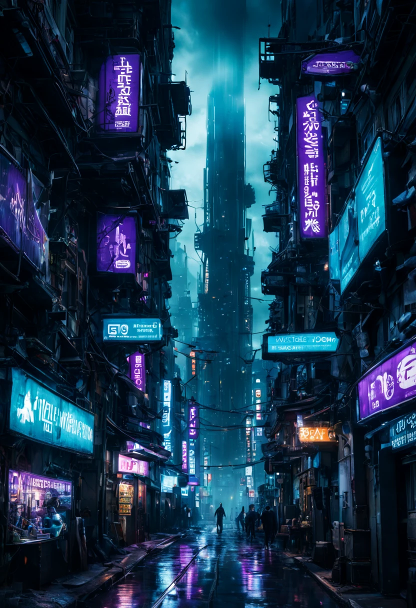 best quality,4k,8k,highres,masterpiece:1.2,ultra-detailed,realistic:1.37,cyberpunk city,neon lights,concrete jungle,hovering vehicles,holographic billboards,dystopian future,technological advancements,advanced architecture,futuristic skyscrapers,glitchy digital effects,thick smog and pollution,towering megatowers,wires and cables,flying drones,cybernetic enhancements,dark alleys and narrow streets,dark and moody color palette,gritty urban atmosphere,blurred motion lights,cool blue and vibrant purple tones,saturated and intense colors,nightfall,heavy rain,reflective surfaces,high-tech gadgets and devices,androids and robots,multiple levels of city landscape,street vendors and digital marketplaces,steam rising from vents,mysterious shadows,subway and metro stations,crowded and bustling streets,underground cyber cafes,secret hideouts,radical fashion and neon hairstyles,intense surveillance and security systems,hacker community and underground organizations.