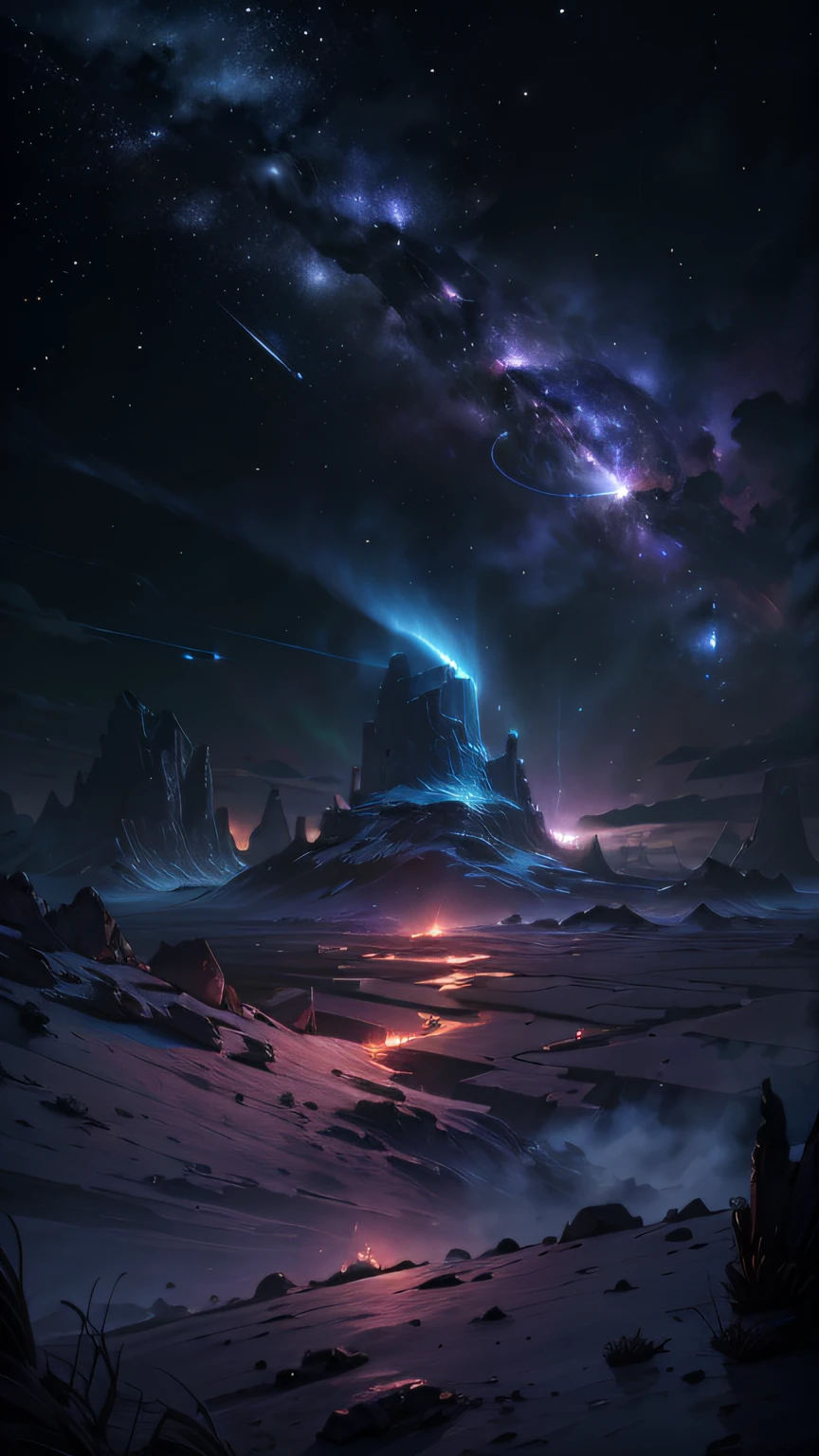 ((tmasterpiece, best qualityer, ultra - detailed, A high resolution)) Expansive landscape photography, (See below.), Above is the sky, Below is an open field), (Take the keys: 1.2), (meteors: 0.9), (Starcloud: 1.3), Far Mountain, Tree BREAK making art, (Warm light source: 1.2), (glowworm: 1.2), lamp lights, Very purple and orange, Complicated details, Volume lighting, BREAK realism (tmasterpiece: 1.2), (best qualityer), ultra - detailed, The is very detailed, Colorful detailed, (Rainbow colors: 1.2), (Bright lighting, Atmospheric illumination), Dreamlike, magical, 4K