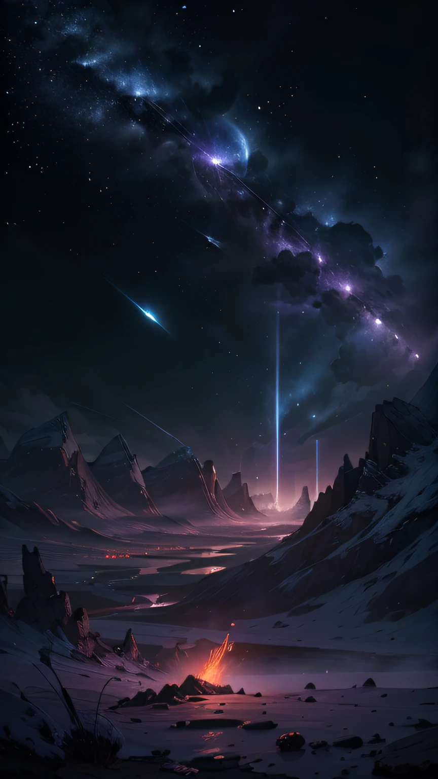 ((tmasterpiece, best qualityer, ultra - detailed, A high resolution)) Expansive landscape photography, (See below.), Above is the sky, Below is an open field), (Take the keys: 1.2), (meteors: 0.9), (Starcloud: 1.3), Far Mountain, Tree BREAK making art, (Warm light source: 1.2), (glowworm: 1.2), lamp lights, Very purple and orange, Complicated details, Volume lighting, BREAK realism (tmasterpiece: 1.2),  (best qualityer), ultra - detailed, The is very detailed, Colorful detailed, (Rainbow colors: 1.2), (Bright lighting, Atmospheric illumination), Dreamlike, magical, 4K