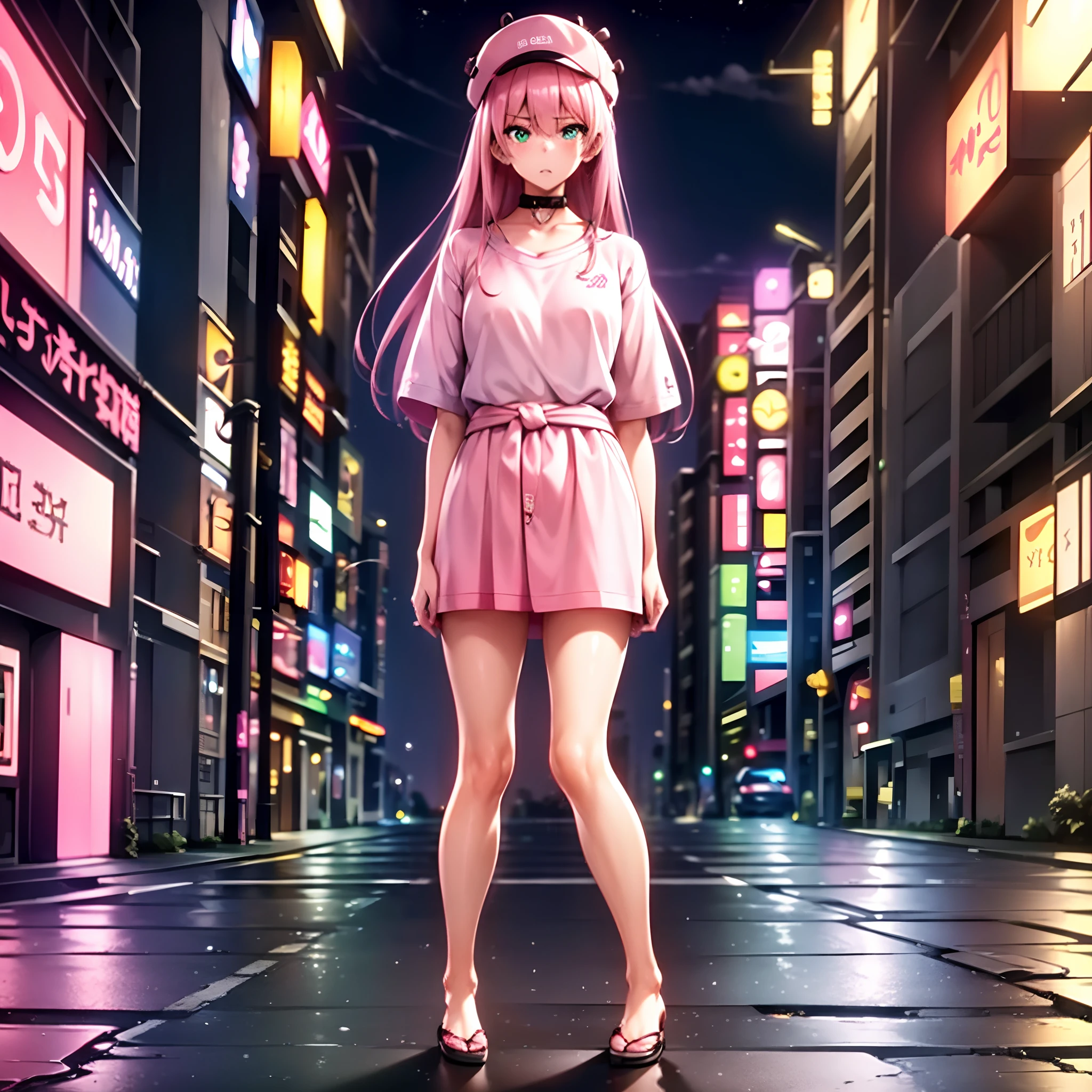 ​masterpiece, top-quality, 1girl, A pink-haired,verd s eyes, length hair,(tiny chest),Standing at street, (Collar T-shirt), Underwear straps, Pink skirt, front-facing view, is standing,City Night, neon light, Background Streets of Tokyo, taxis, date, full of shyness, Hats, hands behind back