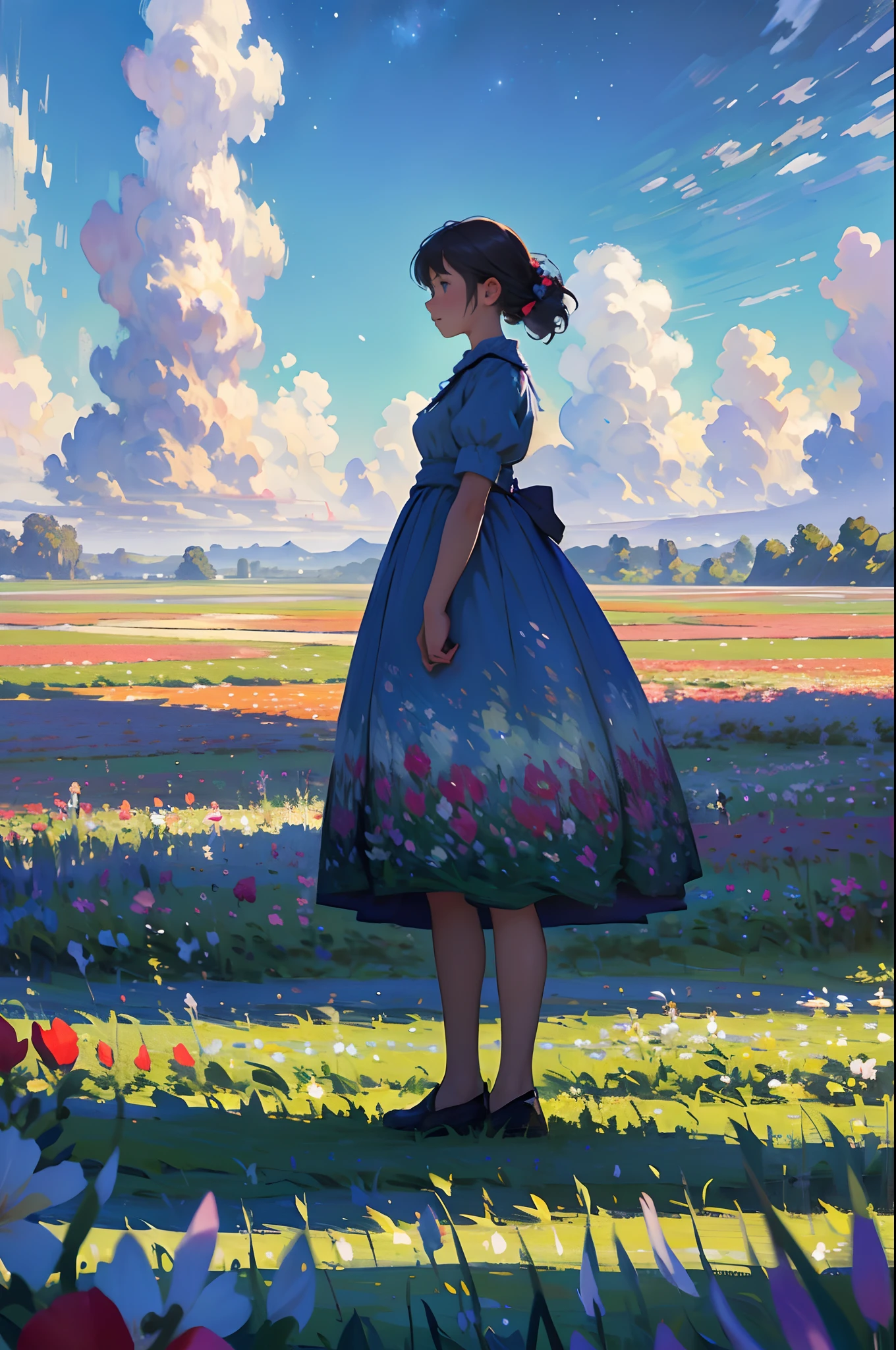 There is a girl standing in a flower field looking up at the sky, A girl standing in a flower field, A girl walks in a flower field, Get lost in a fantastic wonderland, standing in flower field, dreamlike digital painting, The sky is gradually clearing, The starry sky gradually receded，(Monet, Impresionismo, Oil painting), 01