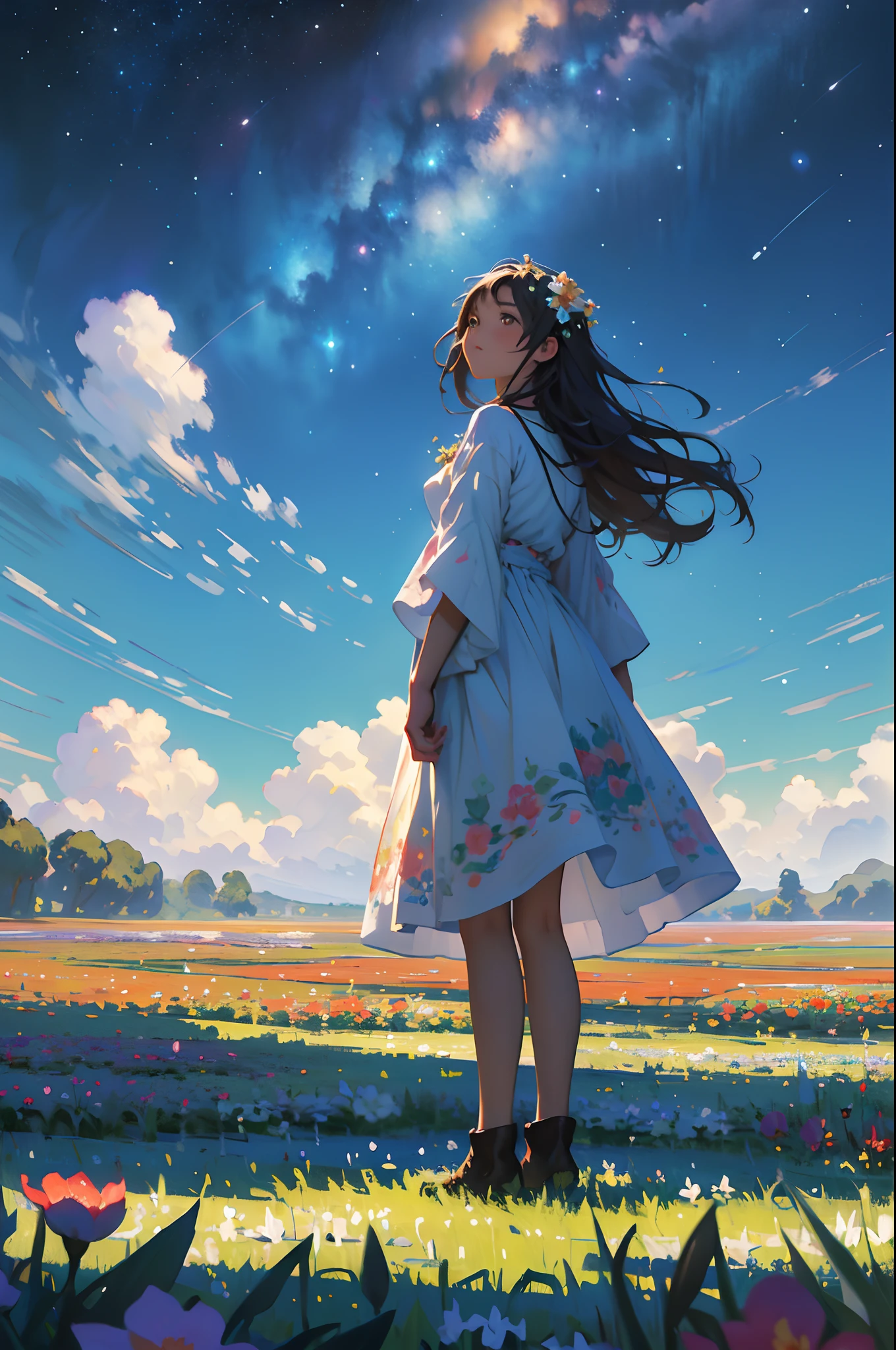 There is a girl standing in a flower field looking up at the sky, A girl standing in a flower field, A girl walks in a flower field, Get lost in a fantastic wonderland, standing in flower field, dreamlike digital painting, The sky is gradually clearing, The starry sky gradually receded，(Monet, Impresionismo, Oil painting), 02