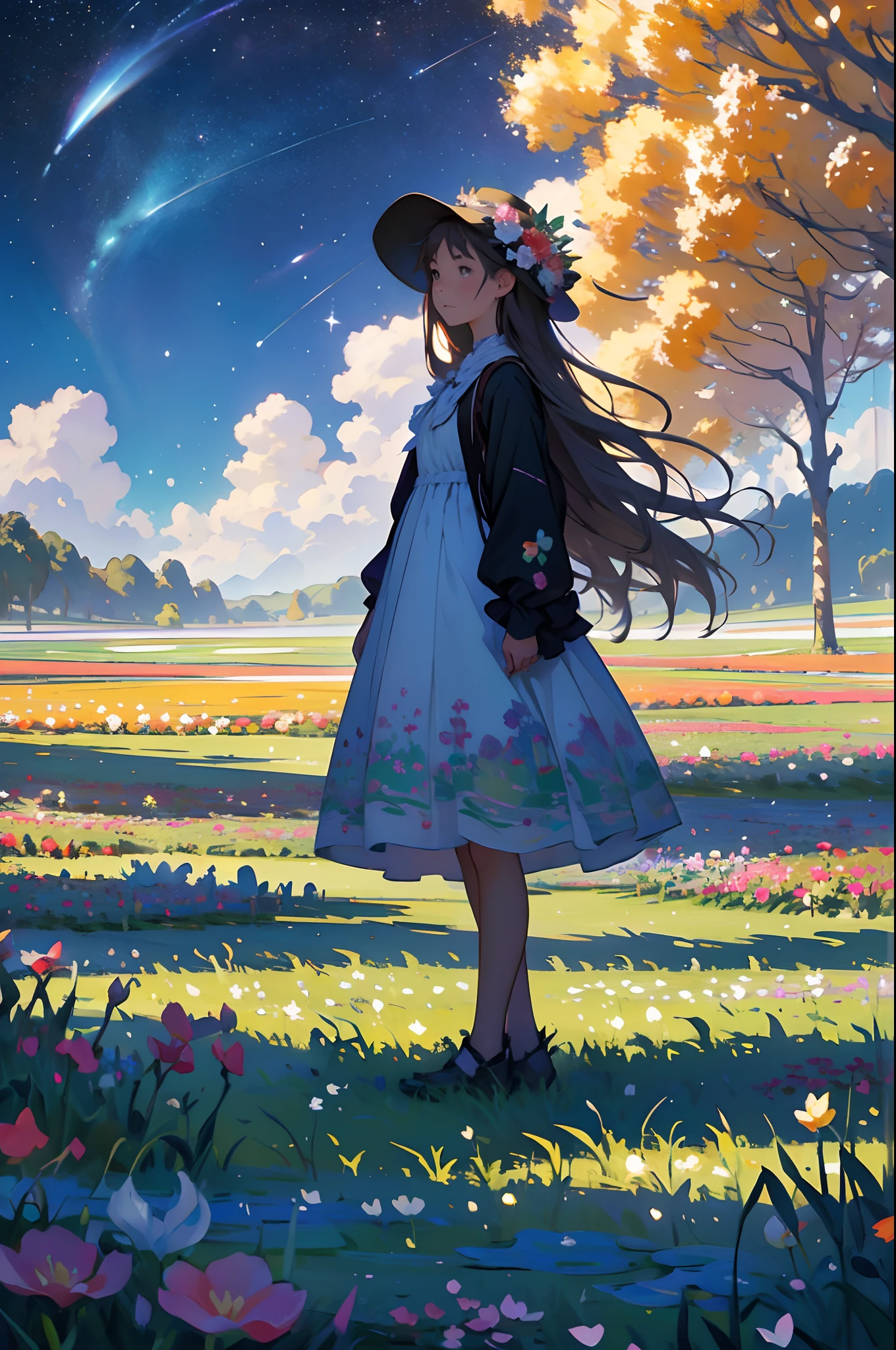 There is a girl standing in a flower field looking up at the sky, A girl standing in a flower field, A girl walks in a flower field, Get lost in a fantastic wonderland, standing in flower field, dreamlike digital painting, The sky is gradually clearing, The starry sky gradually receded，(Monet, Impresionismo, Oil painting), 02