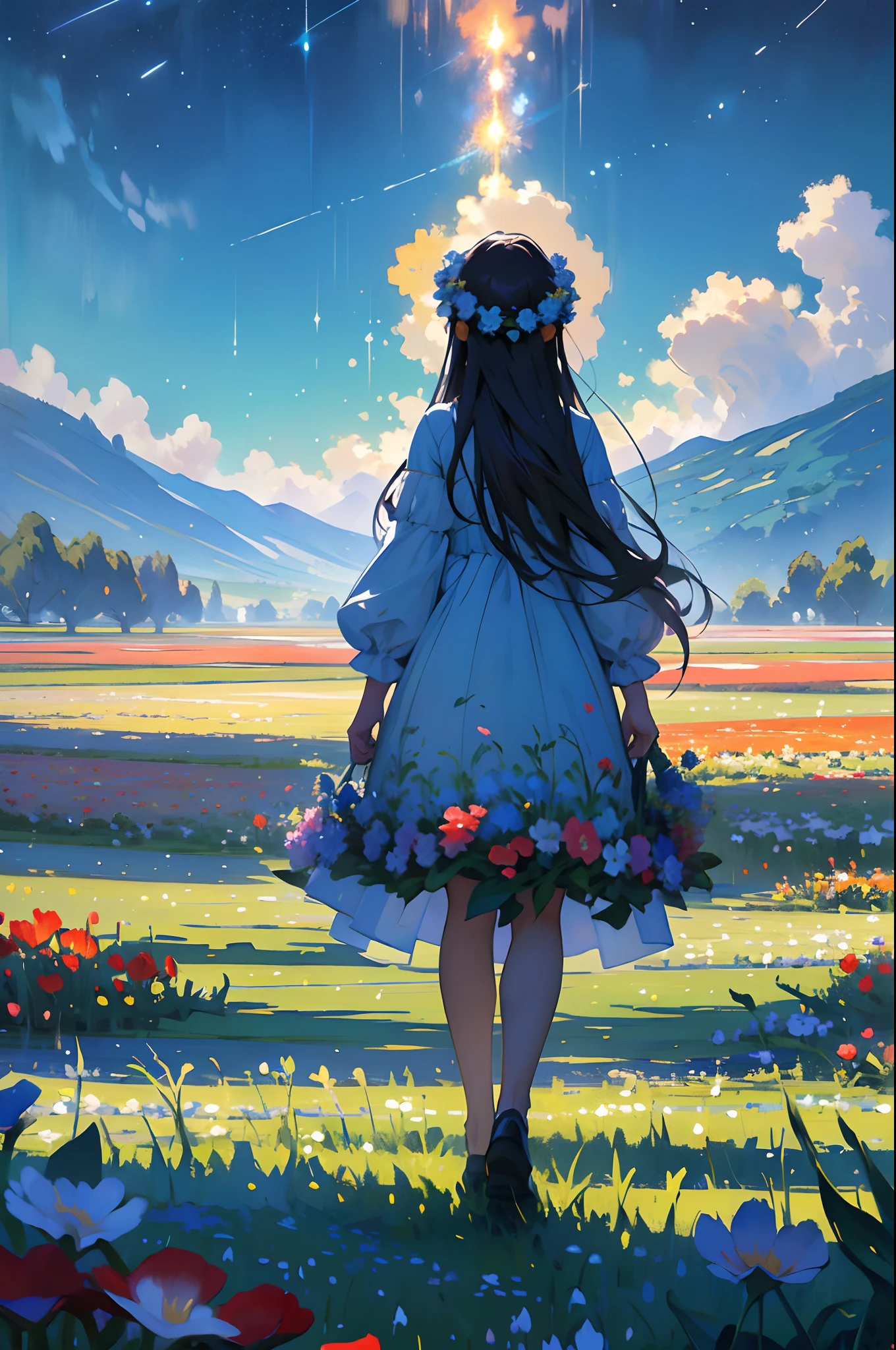 A woman in a dress standing in a field with flowers - SeaArt AI