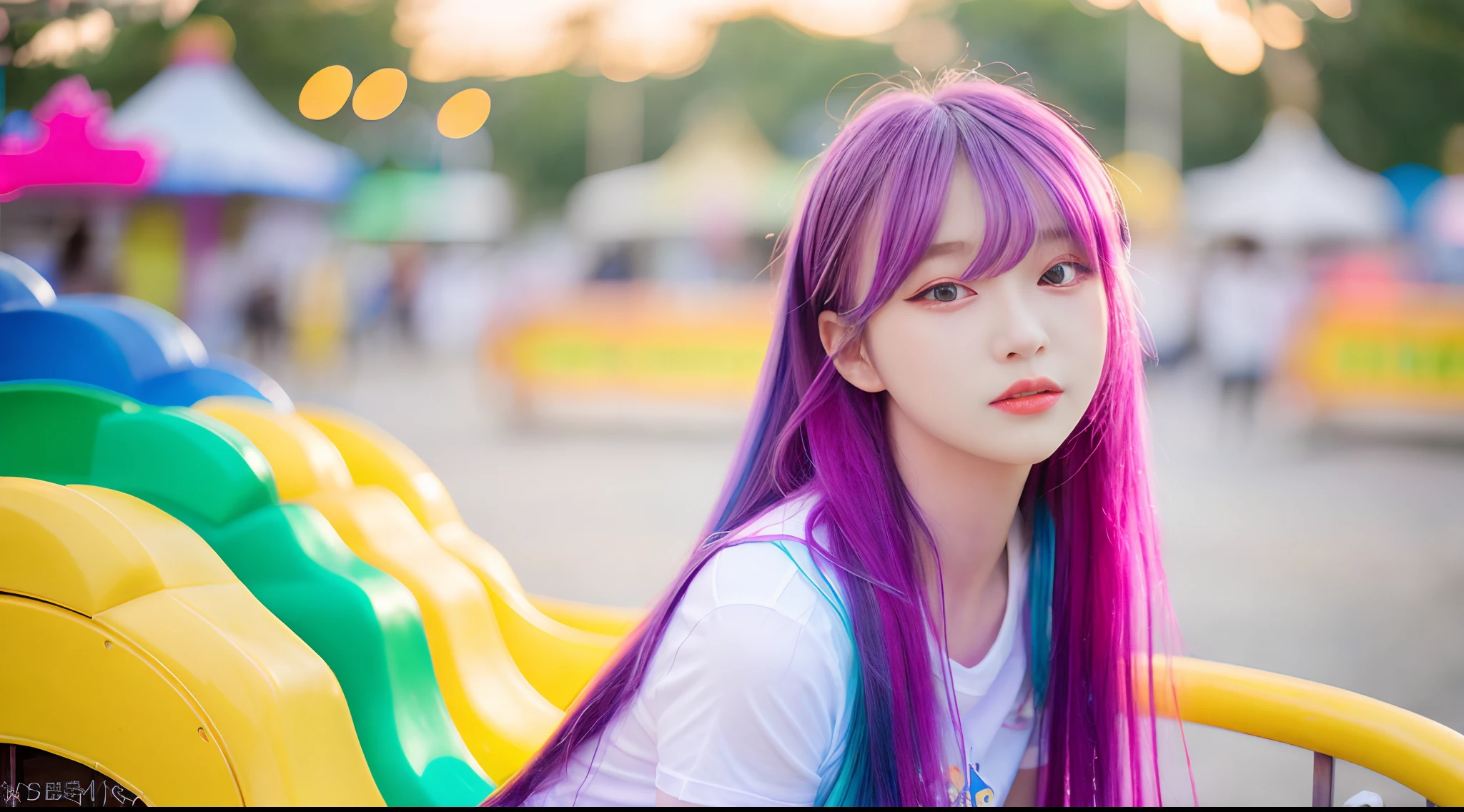 Top image quality、Raw photography、超A high resolution、An 18-year-old woman、Shooting for one person only、big round chest、The shirt、shortpants、Beautiful Eyes of Details、very elongated eyes、Beautiful eyelashes、Beautiful double eyelids、An amusement park、very slender legs、very slender physique、Colorful hair,Pick dyeing,Colorful hair,Colorful long hair is brightly colored,the perfect appearance,Realistic lighting effects,Eventide,Evening light