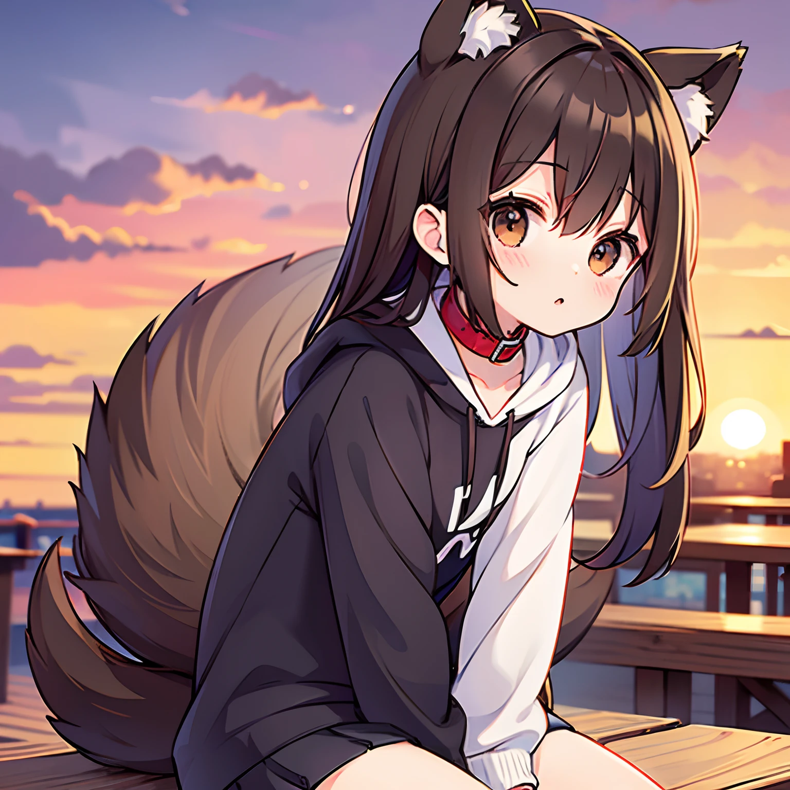 Cute anime girl with dark brown hair, brown puppy ears and a puppy tail, dark brown eyes, petite, wearing a hoodie, and a red collar