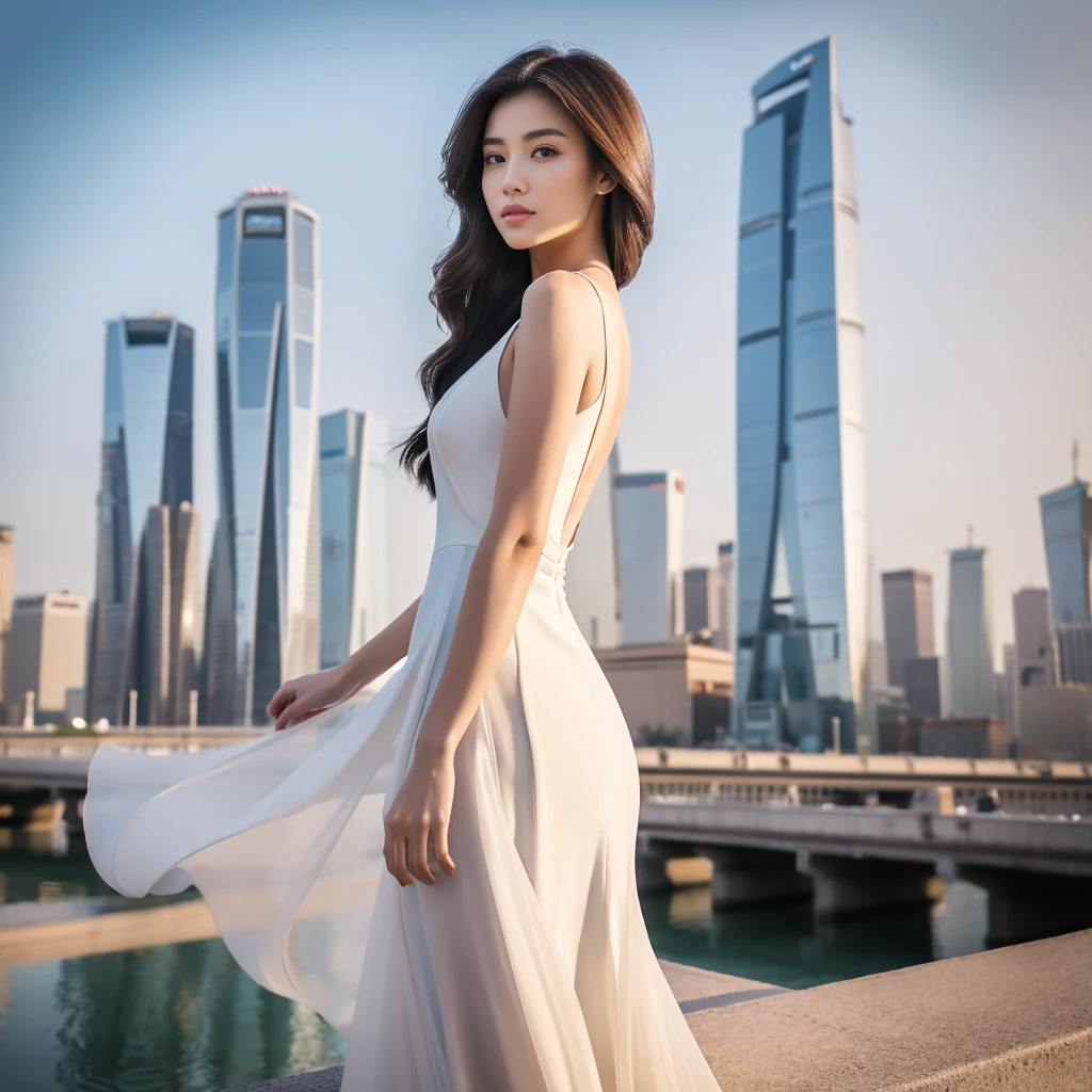 HD photo,A 25-year-old Chinese model woman in a white dress stands on a roof,The background is the city skyline, stunning elegant pose, elegant fashion model, Flappy white dress,(((HD real faces))), Long black waterfall hair floating up,high - end fashion photoshoot, Dressed in elegant dresses, sexy gown, wearing evening gown, Jaw-dropping beauty, dressed beautiful gown, flowinggown, Wearing a gorgeous dress, jaw-droppingly beautiful, wearing long gown