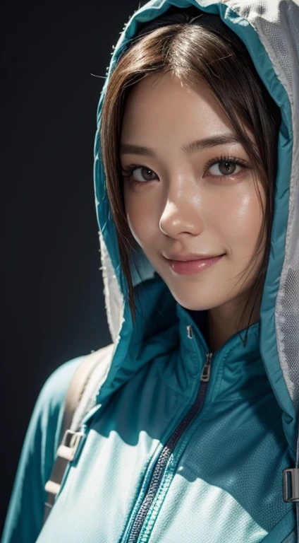 8k, best quality, masterpiece, realistic, ultra detail, photo realistic, hyper realistic, smoother lighting, increase cinematic lighting quality, realistic lighting, backlighting, brightening light, Increase quality, best quality real texture skin, 
close-up, slender, cute face, smile, beautiful details eyes, 19years old korean, pretty, Drill hair with electric blue color, hood, see-through tunic