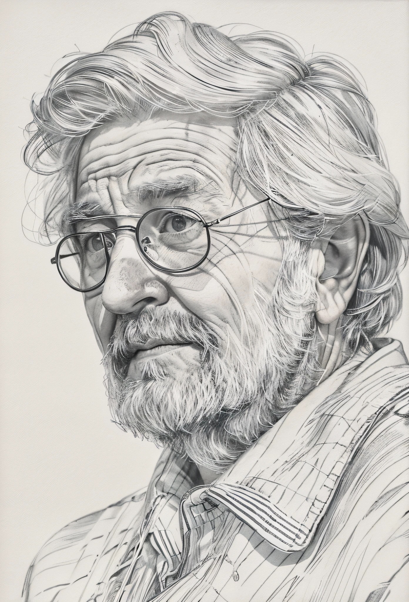 sportrait,a old man,lamplight:The landscape,Contour color separation,sketching,The lines are thin,Line element,Texture,fine art sketch,black andwhite,Cable,Light and dark are clear