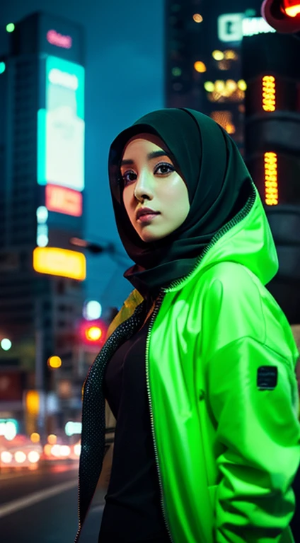 1 girls,solo, 28 year old, cyberpunk, green lime,black, cinematic, neon lightning, building, hijab, jilbab, scraft
