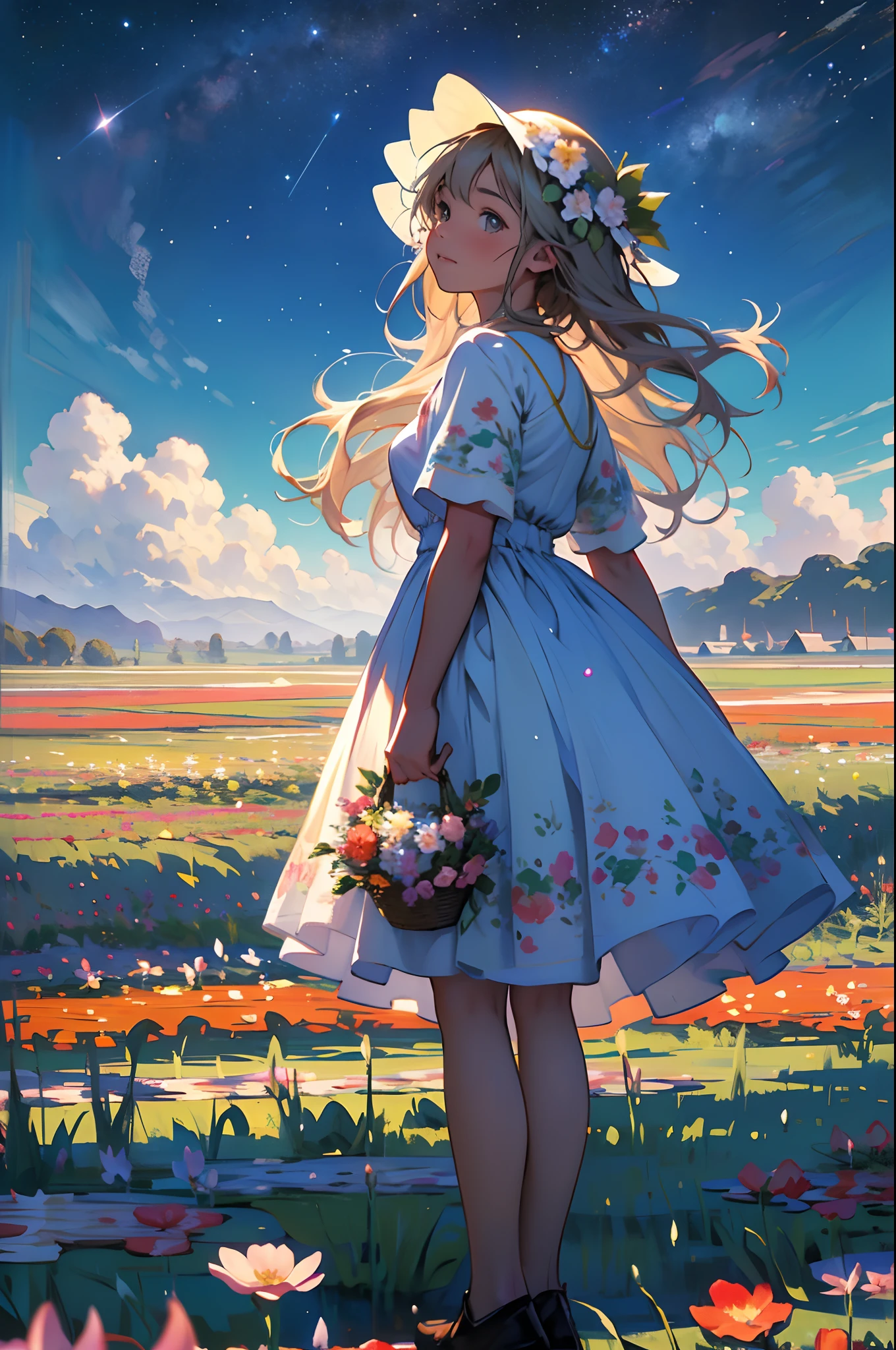 There is a girl standing in a flower field looking up at the sky, A girl standing in a flower field, A girl walks in a flower field, Get lost in a fantastic wonderland, standing in flower field, dreamlike digital painting, The sky is gradually clearing, The starry sky gradually receded,(Monet, Impresionismo, Oil painting), 03