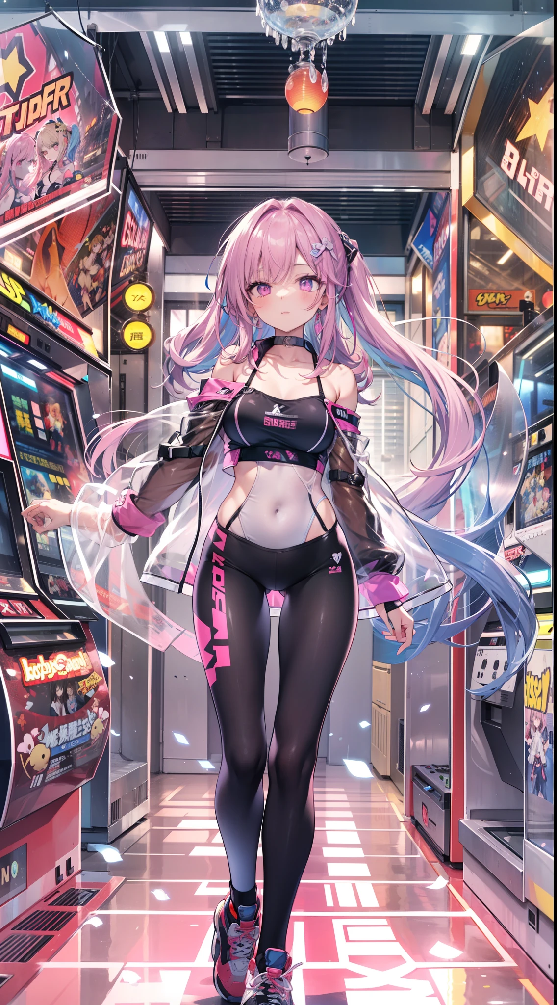 ((Masterpiece)), best quality, absurderes, ultra detailed, holographic, cowboy shot, golden ratio, super cute girl, mature girl, idol girl, super beautiful asian girl with very beautiful violet glowing eyes, beautiful glowing brown multicolored hair, high ponytail, nice and sexy body, slim body, perfect body, wearing a super tight anime printed leotard, an anime printed super tight off shoulder long sleeve crop top, a super aesthetic transparent mini jacket, beautiful hair ornament, pink jordan tennis, playing with her handsome otaku skinny boyfriend, with black messy glowing hair, in the arcade games