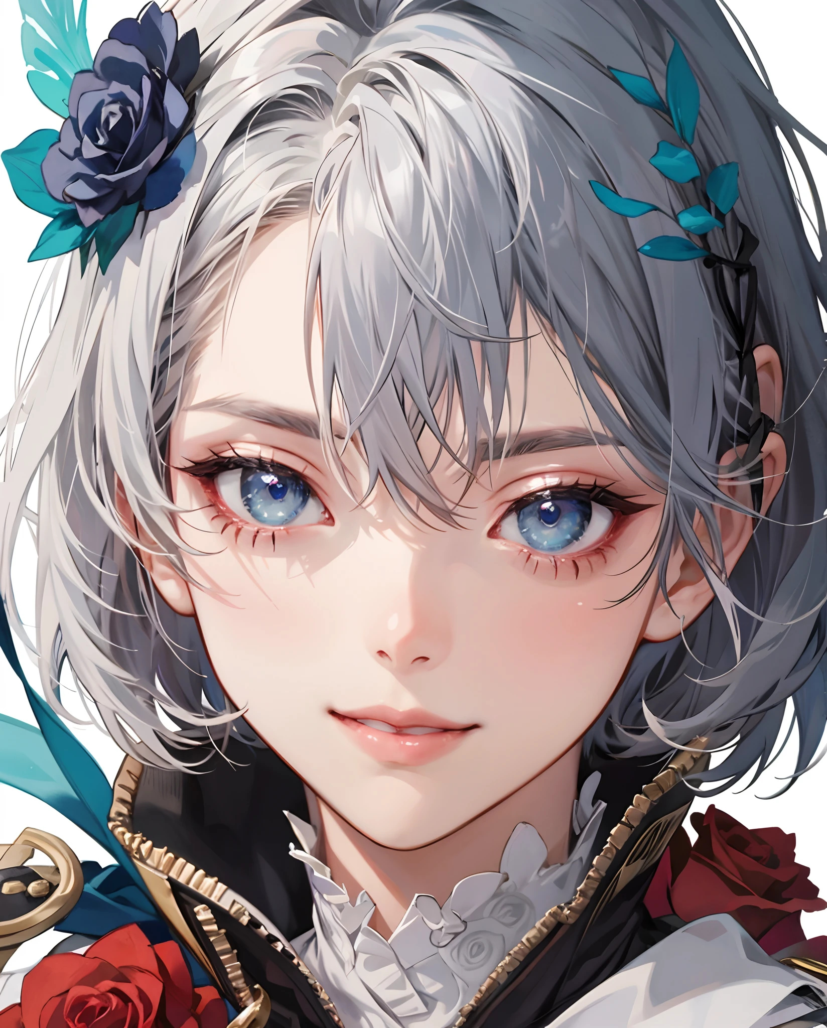 masterpiece、top-quality、超A high resolution、2D Beautiful Girl、animesque、teens girl、Seven-colored hair、short-haired、Rose hair ornament、Beautiful silver eyes、The clothes are also depicted in detail、Eyes are depicted in detail、The face is depicted in detail、sorcerer、soio、Gentle smile、hair adornments、animesque、illustratio