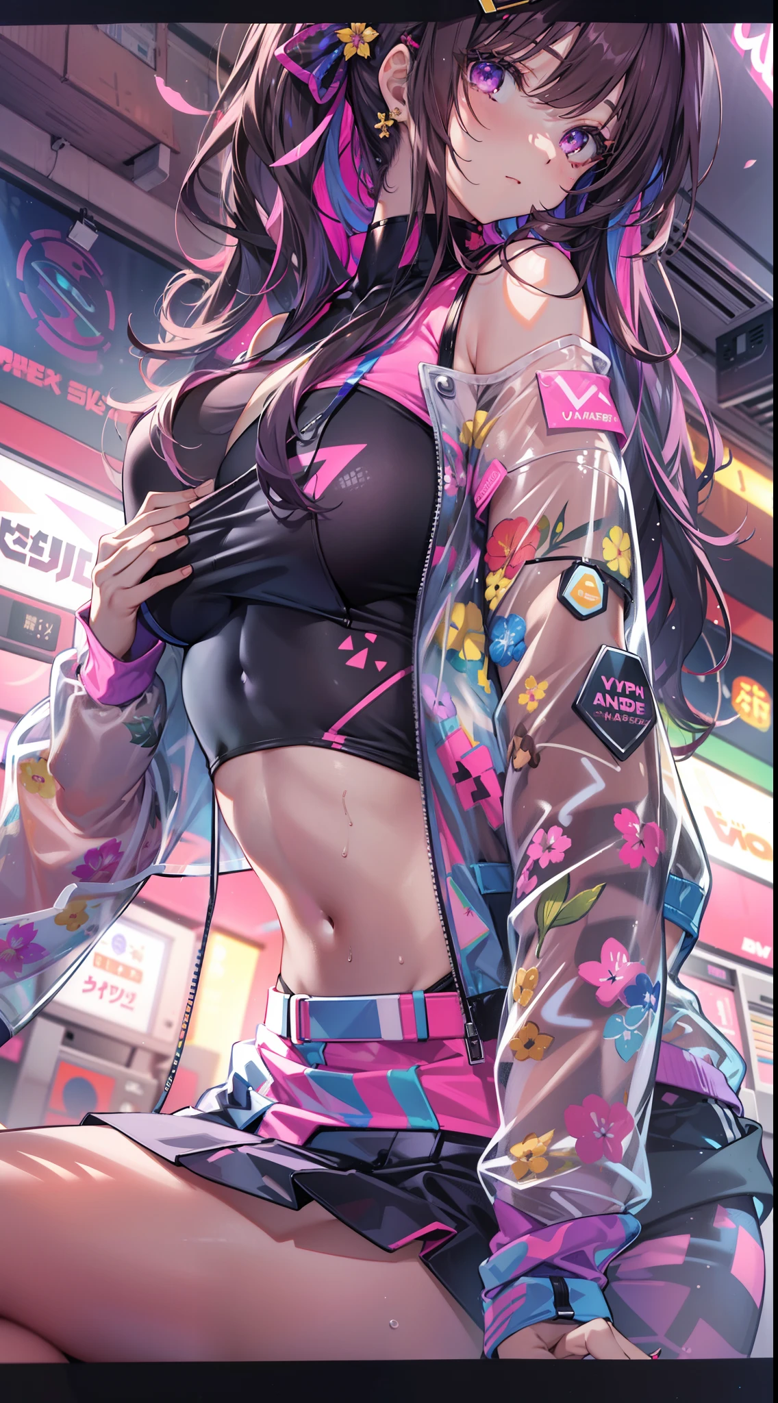 ((Masterpiece)), best quality, absurderes, ultra detailed, holographic, cowboy shot, golden ratio, super cute girl, mature girl, idol girl, super beautiful asian girl with very beautiful violet glowing eyes, beautiful glowing brown multicolored hair, high ponytail, nice and sexy body, slim body, perfect body, wearing a super tight anime printed leotard, an anime printed super tight off shoulder long sleeve crop top, a super aesthetic transparent mini jacket, beautiful hair ornament, pink jordan tennis, playing with her handsome otaku skinny boyfriend, with black messy glowing hair, in the arcade games
