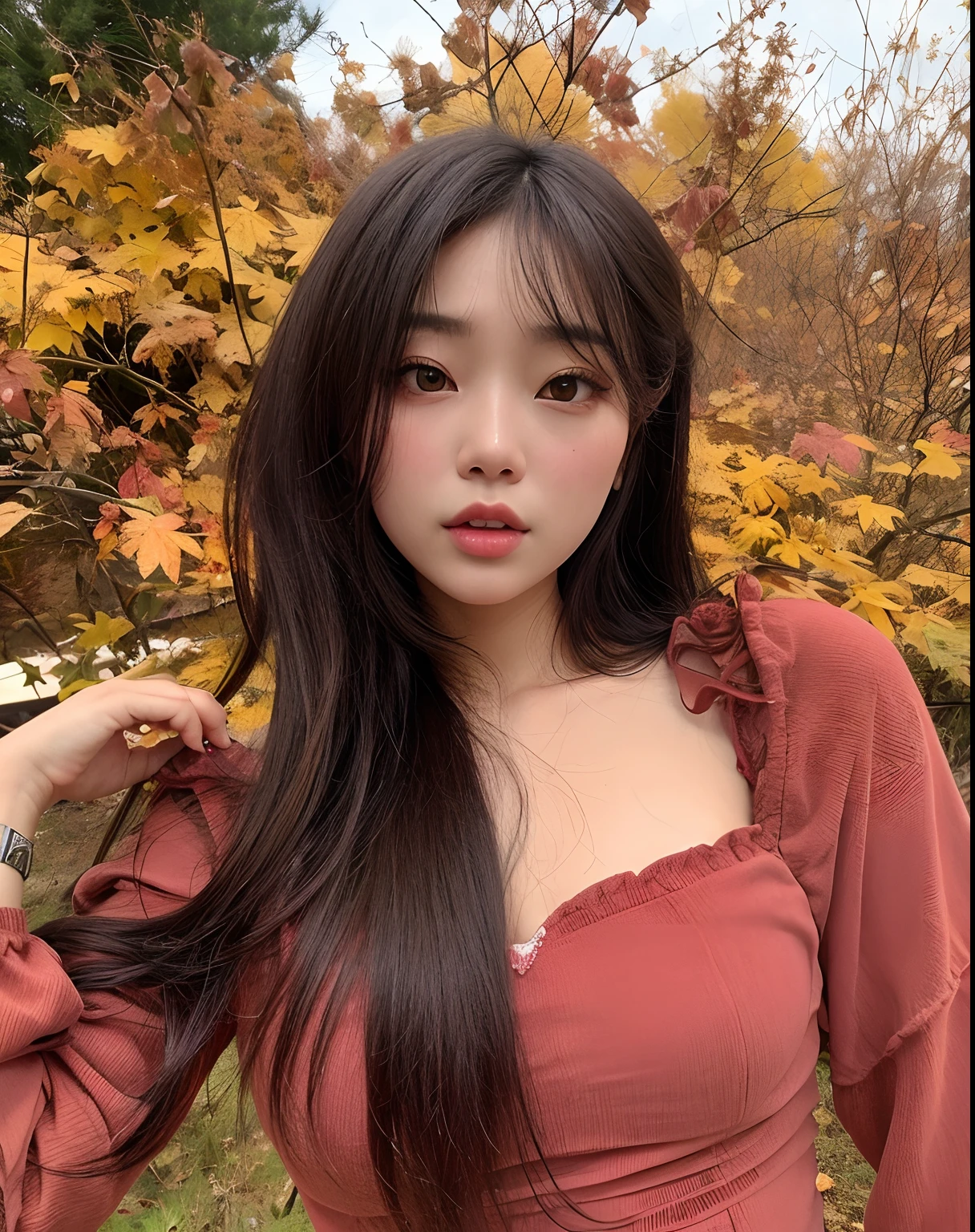 um close up de uma mulher com um vestido vermelho posando para uma foto, menina coreana, Mulher sul-coreana bonita, Ulzzang, mulher coreana jovem bonita, Asian girl with long hair, linda mulher coreana jovem, Mulher coreana, cabelo longo castanho com franja, asian features, Lalisa Manobal, cabelos longos com franja, a young asian woman, maquiagem sul-coreana popular