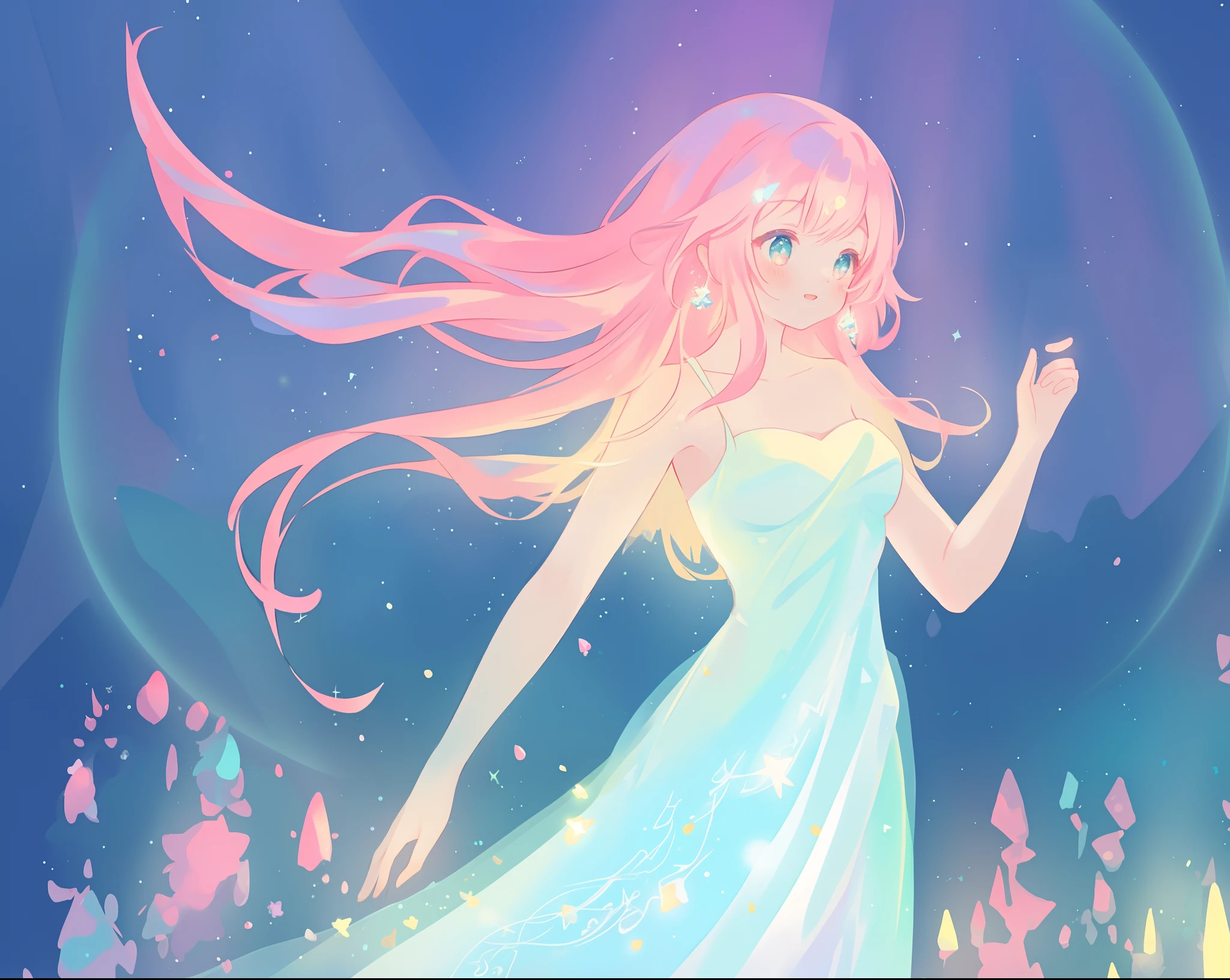 beautiful girl in glowing white dress, ((flowing white ballgown)), vibrant pastel colors, (colorful), magical lights, long flowing colorful pink hair, ((glowing aura around her)), flowing glowing hair, fantasia landscape background, whimsical, magical, fantasy, beautiful face, ((masterpiece, best quality)), intricate details, highly detailed, sharp focus, 8k resolution, sparkling detailed eyes, liquid watercolor
