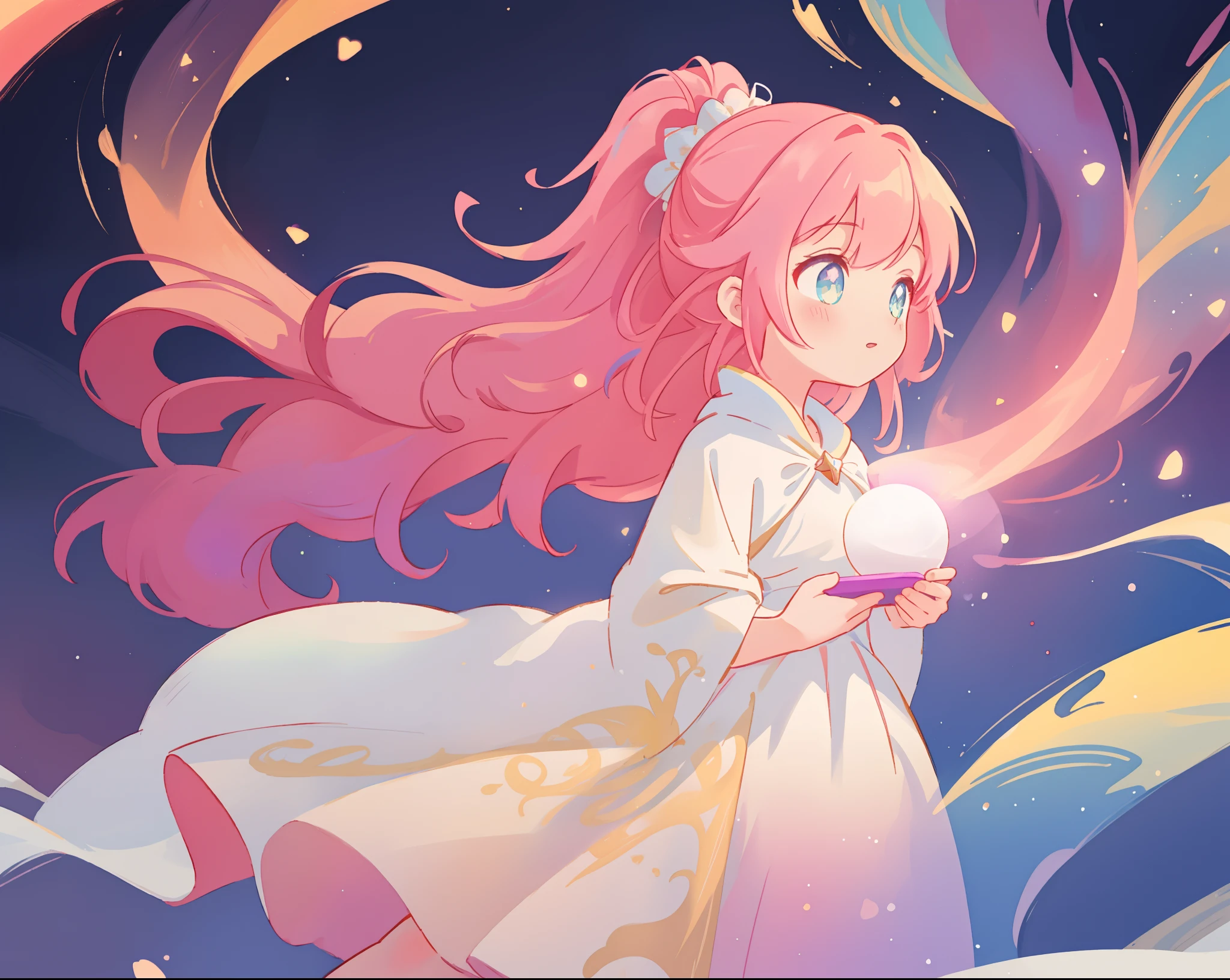 beautiful girl in glowing white dress, ((flowing white ballgown)), (looking away, profile view), vibrant pastel colors, (colorful), magical lights, long flowing colorful pink hair, ((glowing aura around her)), flowing glowing hair, fantasia landscape background, whimsical, magical, fantasy, beautiful face, ((masterpiece, best quality)), intricate details, highly detailed, sharp focus, 8k resolution, sparkling detailed eyes, liquid watercolor