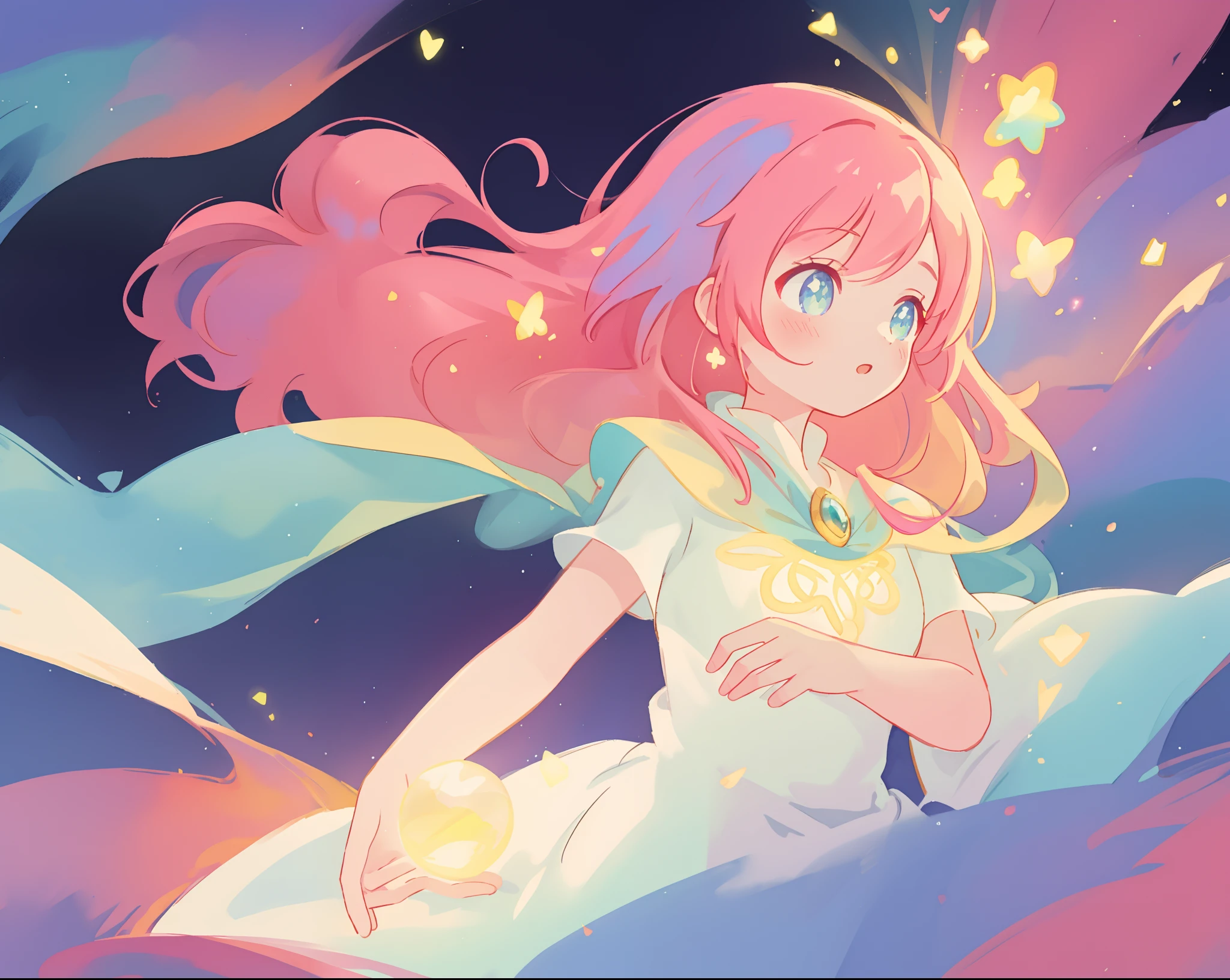 beautiful girl in glowing white dress, ((flowing white ballgown)), (looking away, profile view), vibrant pastel colors, (colorful), magical lights, long flowing colorful pink hair, ((glowing aura around her)), flowing glowing hair, fantasia landscape background, whimsical, magical, fantasy, beautiful face, ((masterpiece, best quality)), intricate details, highly detailed, sharp focus, 8k resolution, sparkling detailed eyes, liquid watercolor