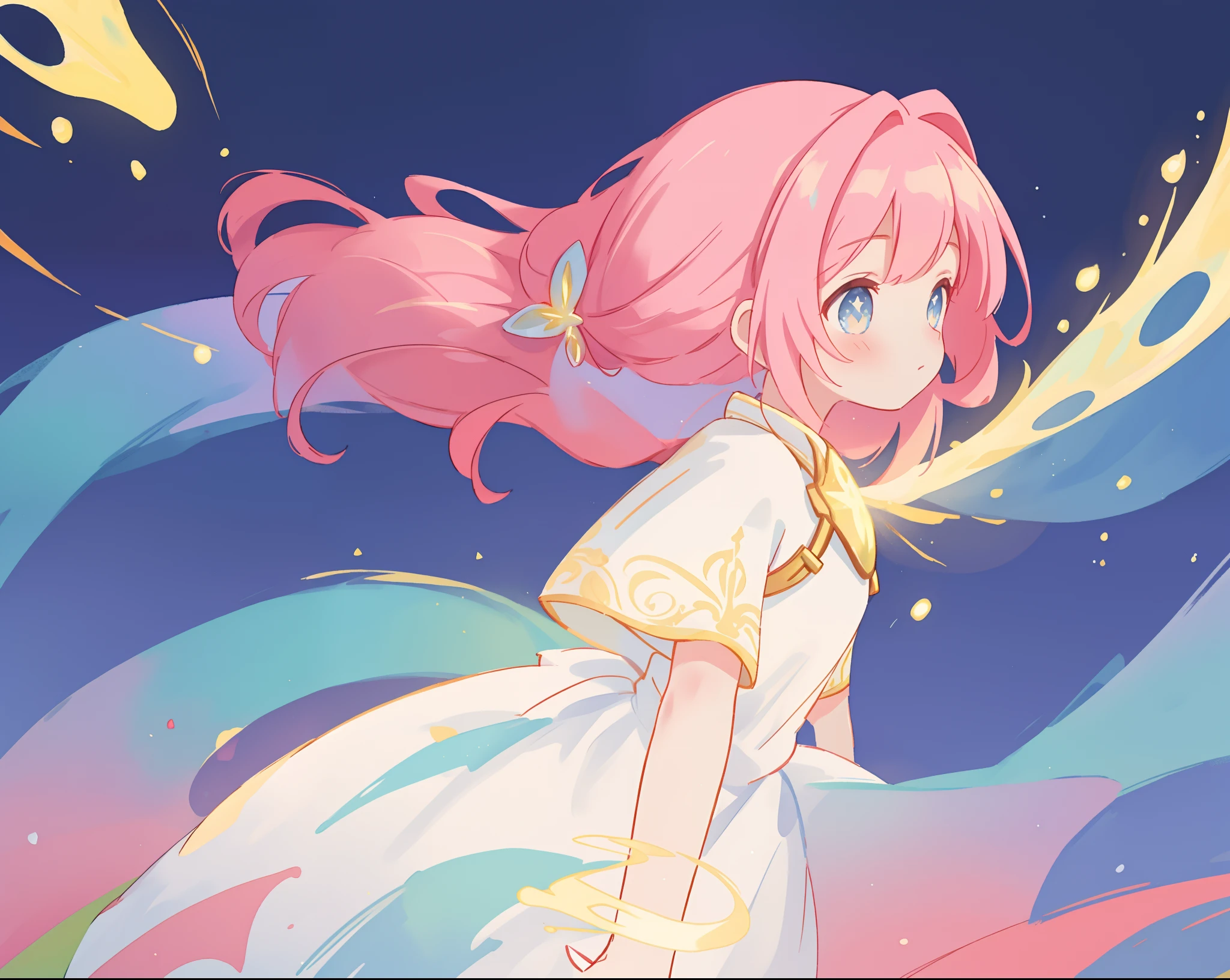 beautiful girl in glowing white dress, ((flowing white ballgown)), (looking away, profile view), vibrant pastel colors, (colorful), magical lights, long flowing colorful pink hair, ((glowing aura around her)), flowing glowing hair, fantasia landscape background, whimsical, magical, fantasy, beautiful face, ((masterpiece, best quality)), intricate details, highly detailed, sharp focus, 8k resolution, sparkling detailed eyes, liquid watercolor
