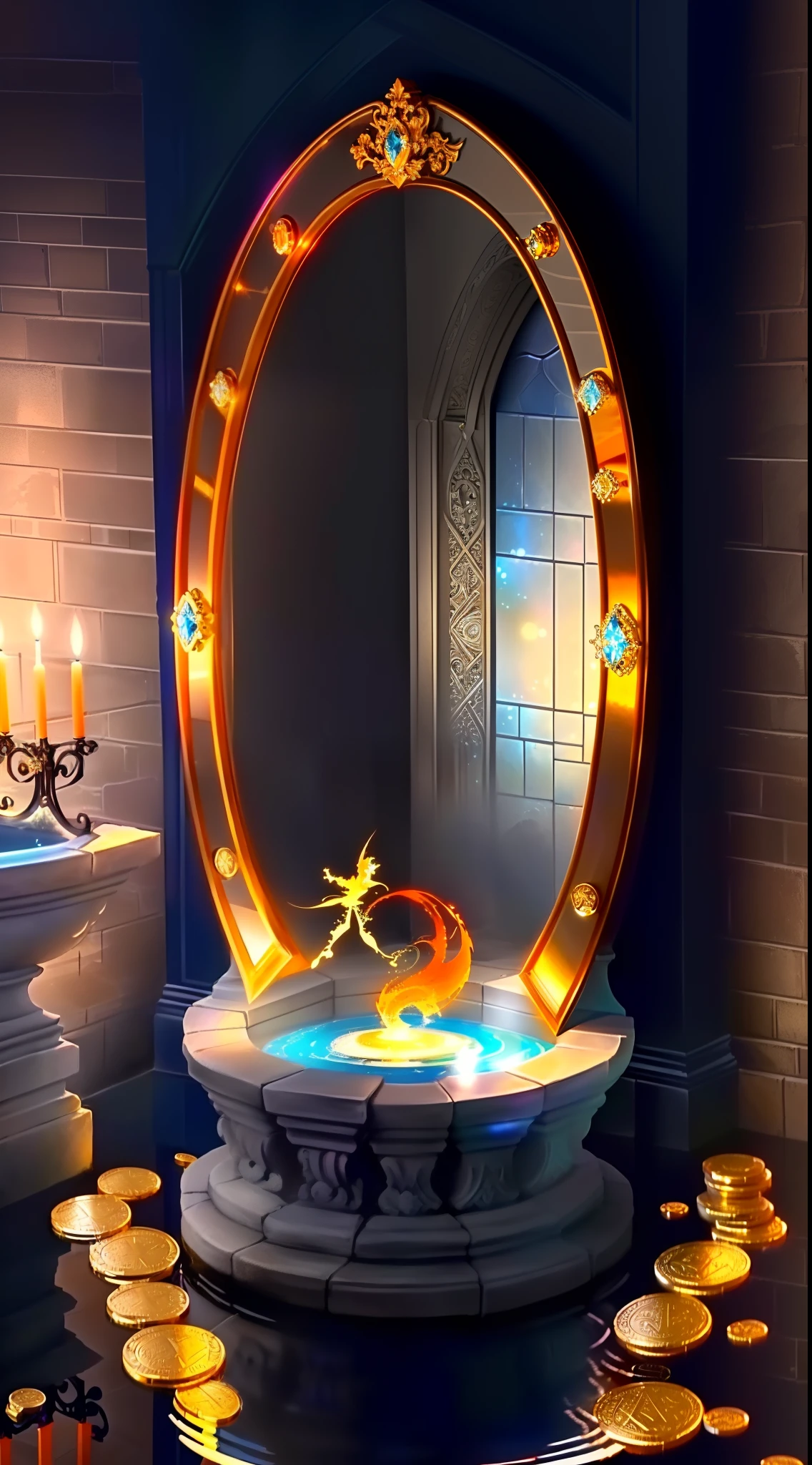 Relaistic wishing well with mirror effects and all the coins are sdx and acr tokens. Sdx tokens are orange and acr (acquire) tokens are blue. Large wishing well. Magical surroundings. One acquire blue token flipping into the air headed towards to wishing fountain.