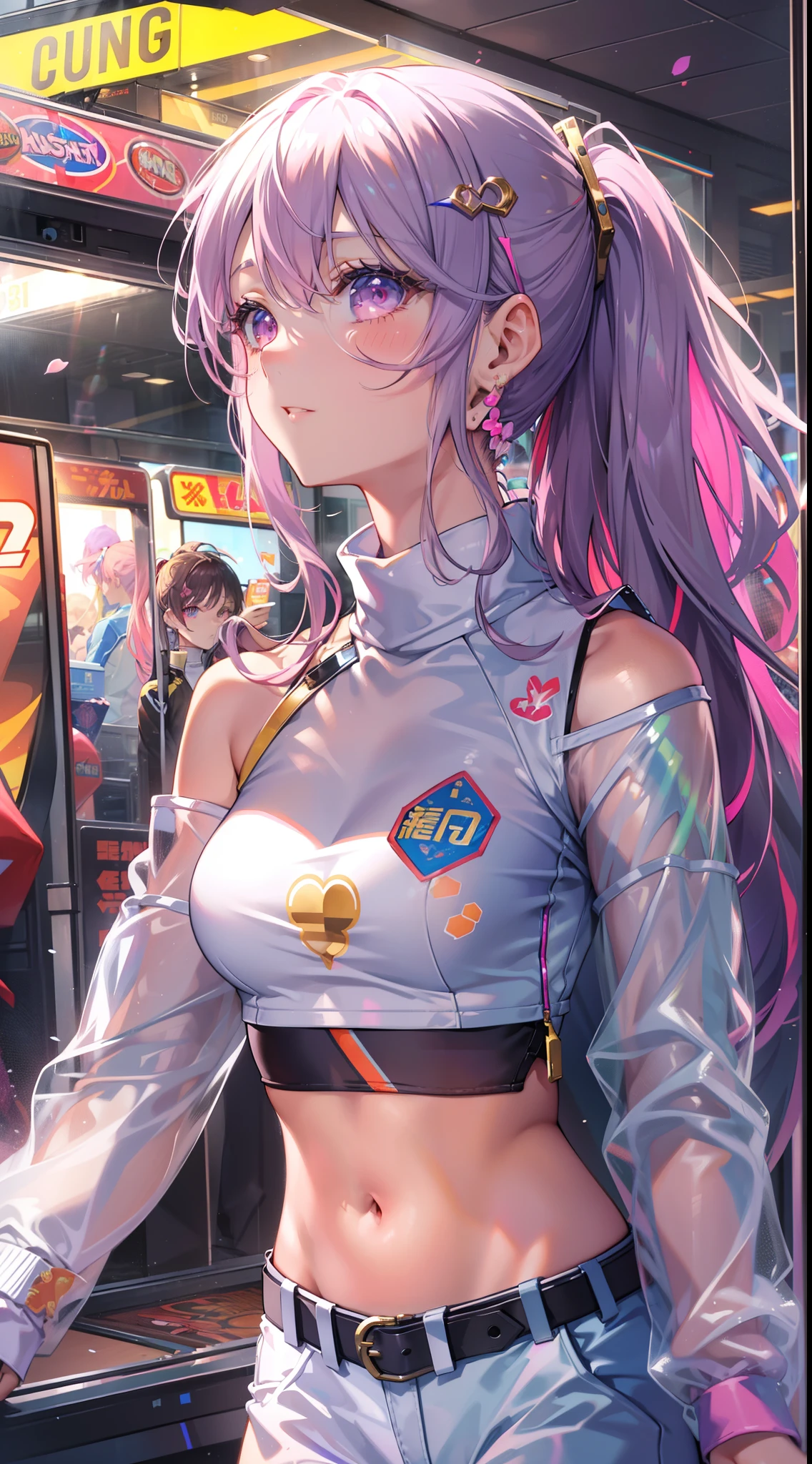 ((Masterpiece)), best quality, absurderes, ultra detailed, holographic, cowboy shot, golden ratio, super cute girl, mature girl, idol girl, super beautiful asian girl with very beautiful violet glowing eyes, beautiful glowing brown multicolored hair, high ponytail, nice and sexy body, slim body, perfect body, wearing a super tight anime printed leotard, an anime printed super tight off shoulder long sleeve crop top, a super aesthetic transparent mini jacket, beautiful hair ornament, pink jordan tennis, playing with her handsome otaku skinny boyfriend, with black messy glowing hair, in the arcade games