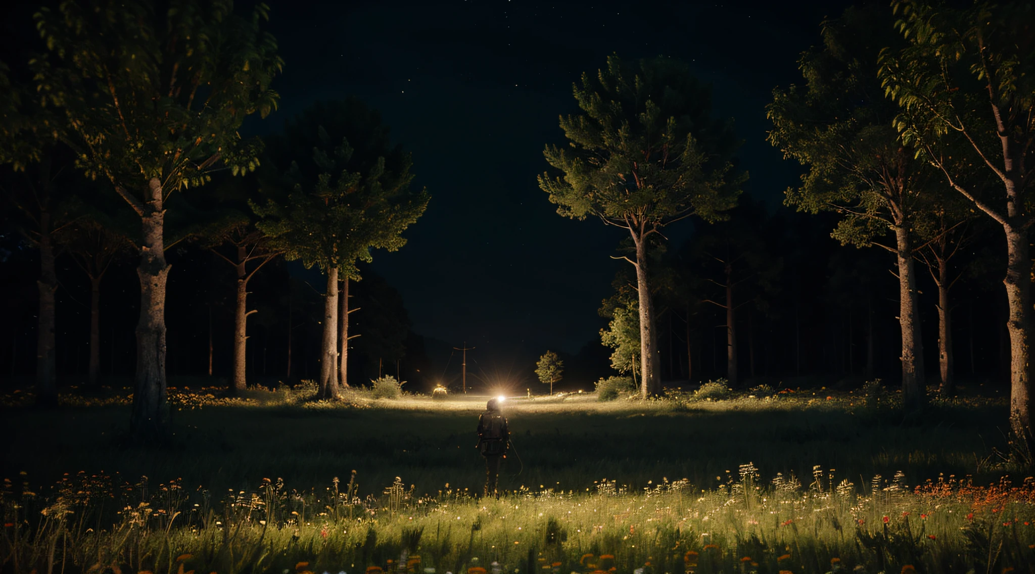 dark vibes, forest with a field of coquelicot flowers, aliens are landing on earth, technology mixed into nature, electric cables within trees, at night, 8k, realism, no blur
