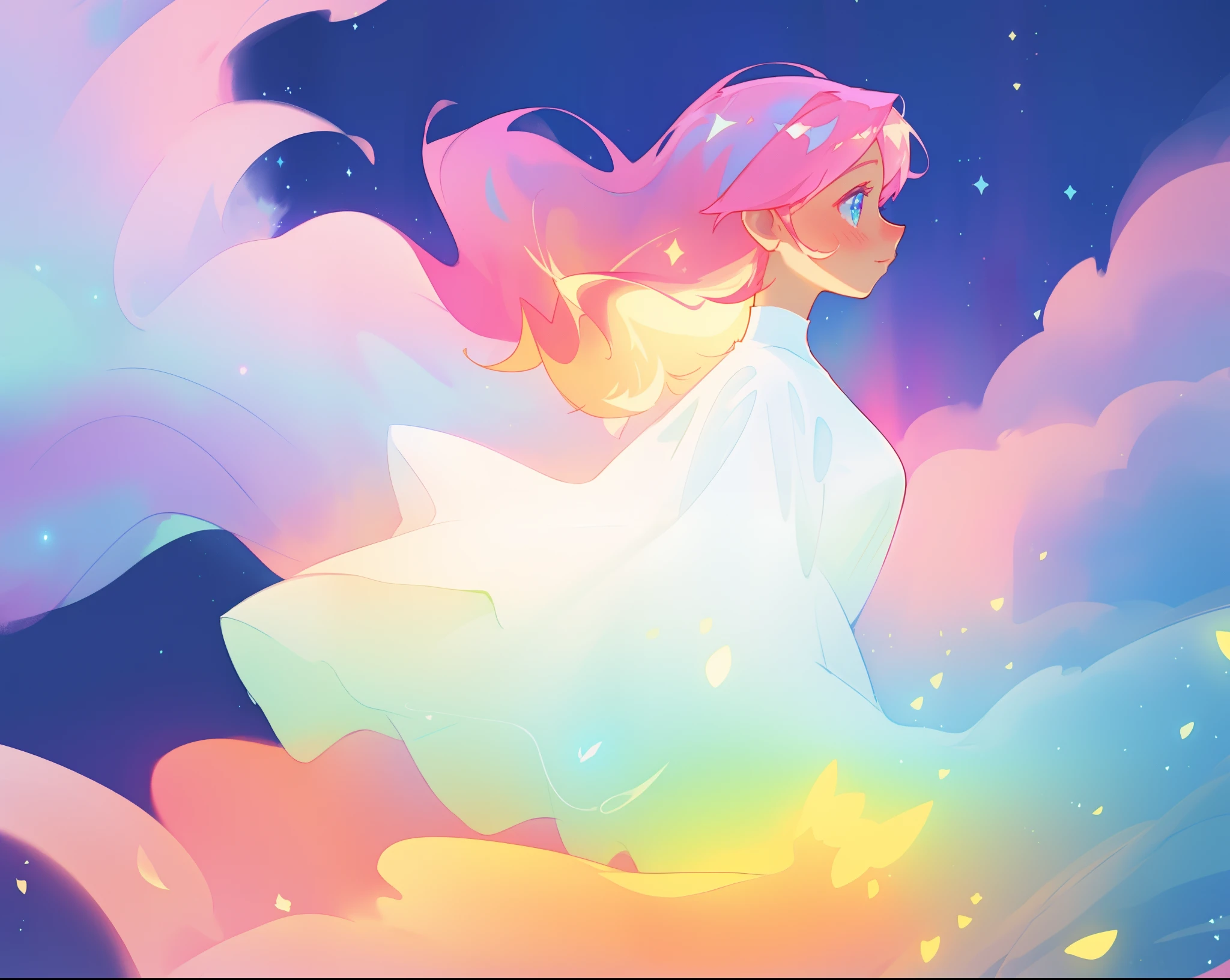 beautiful girl in glowing white dress, ((flowing white ballgown)), (looking away, profile view), ((portrait)), vibrant pastel colors, (colorful), magical lights, long flowing colorful pink hair, ((glowing aura around her)), flowing glowing hair, fantasia landscape background, whimsical, magical, fantasy, beautiful face, ((masterpiece, best quality)), intricate details, highly detailed, sharp focus, 8k resolution, sparkling detailed eyes, liquid watercolor