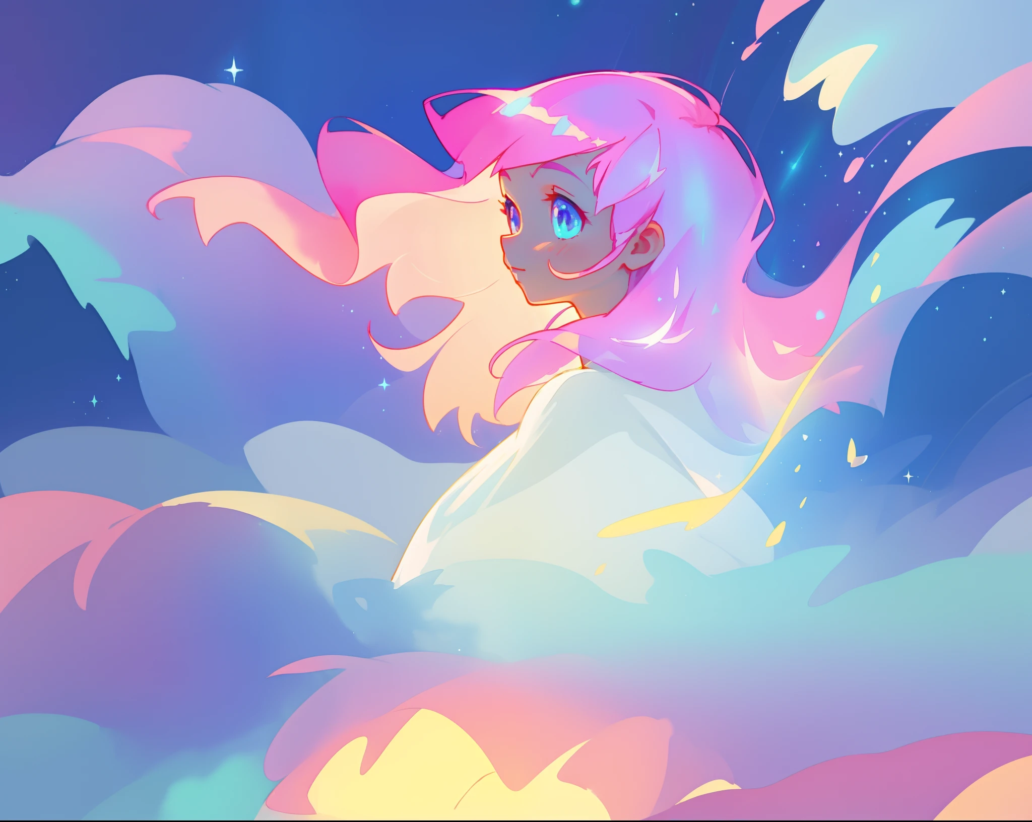 beautiful girl in glowing white dress, ((flowing white ballgown)), (looking away, profile view), ((portrait)), vibrant pastel colors, (colorful), magical lights, long flowing colorful pink hair, ((glowing aura around her)), flowing glowing hair, fantasia landscape background, whimsical, magical, fantasy, beautiful face, ((masterpiece, best quality)), intricate details, highly detailed, sharp focus, 8k resolution, sparkling detailed eyes, liquid watercolor