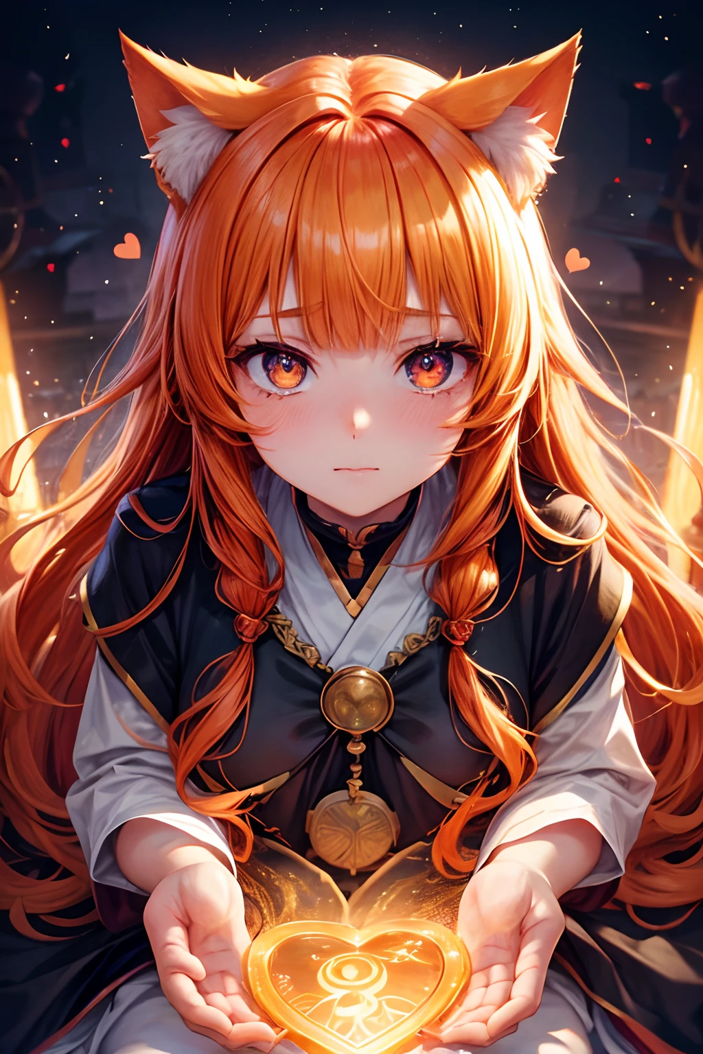 Top quality, high resolution, perfect human structure, human focus, front view, orange hair, glowing hair, cat ears, shrine, priestess clothes, heart shaped pupils, blunt bangs, wavy hair, shiny hair, tears, depression, gradient eyes,