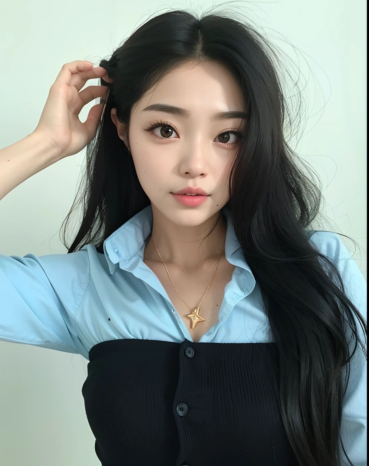 mulher arafed com cabelo preto longo e uma camisa azul, menina coreana, linda mulher coreana jovem, Mulher sul-coreana bonita, Ulzzang, mulher coreana jovem bonita, young adorable korean face, korean face features, korean symmetrical face, Mulher coreana, wan adorable korean face, Jaeyeon Nam, Jinyoung Canela, Heonhwa Choe, asian features