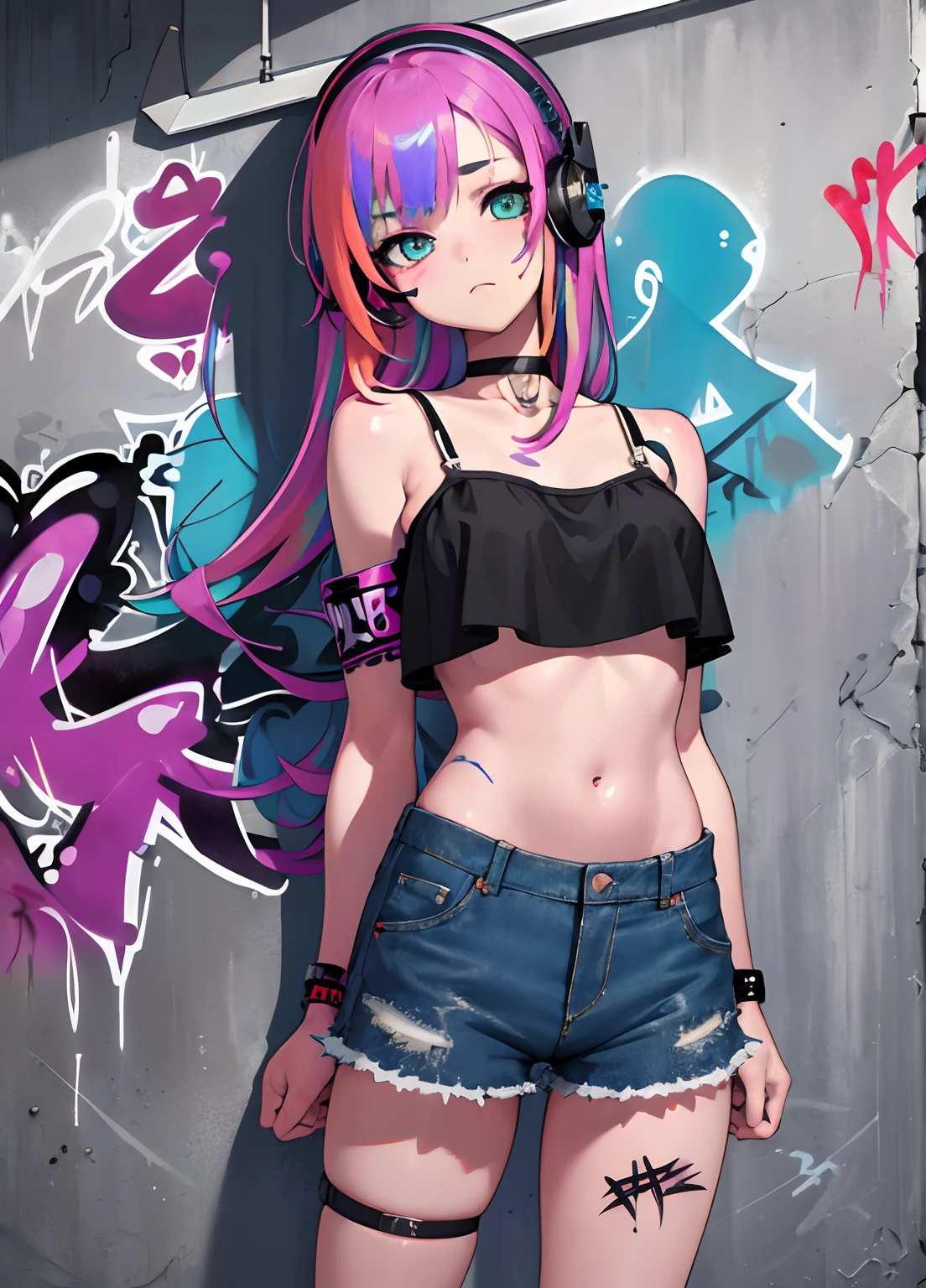 masterpiece, best quality, 1girl, solo, crop top, denim shorts, choker, (graffiti:1.5), paint splatter, arms behind back, against wall, looking at viewer, armband, thigh strap, paint on body, head tilt, bored, multicolored hair, aqua eyes, headset,