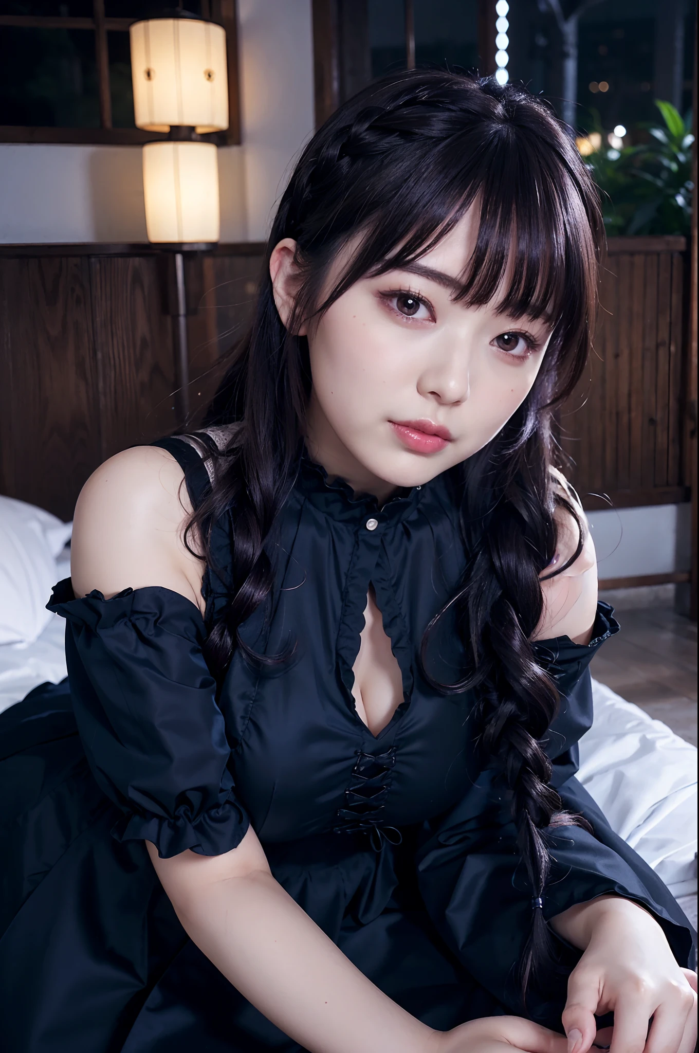One Woman,Skirt,Gothic ta,Lying down,Large breasts,gleaming skin,Cute face,Big eyes,upward-eyed,Cool Face,Braided hair,Orchid hair,Looking at Viewer,Night,Ruins,masutepiece, extremely fine and beautiful,Photorealistic,Japanese