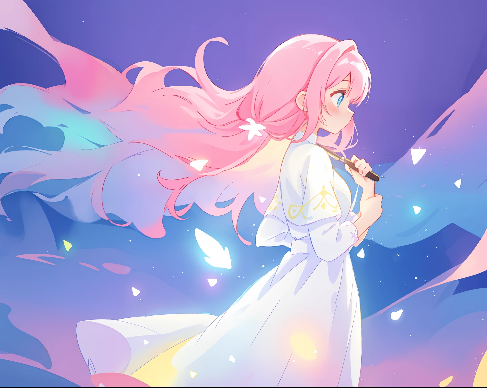 beautiful girl in glowing white dress, ((flowing white ballgown)), (looking away, profile view), vibrant pastel colors, (colorful), magical lights, long flowing colorful pink hair, ((glowing aura around her)), flowing glowing hair, fantasia landscape background, whimsical, magical, fantasy, beautiful face, ((masterpiece, best quality)), intricate details, highly detailed, sharp focus, 8k resolution, sparkling detailed eyes, liquid watercolor