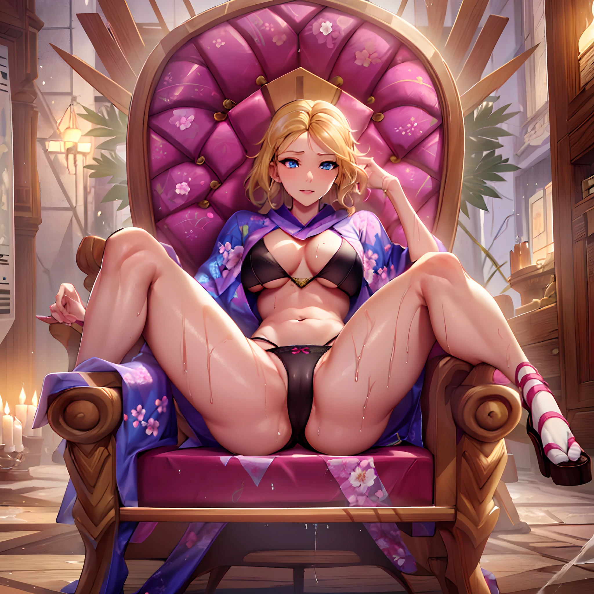 Masterpiece, Best Quality, (((Solo mature woman))), (((long blonde hair))), (((wide hips))), (((beautiful blue eyes))), full lips, seductive smile, large chest, curvy, sexy, (((wearing pink with white with purple floral kimono))), [Janet], [Alice], (((solo))), ((huge boobs)), (cleavage), (((sitting in chair with open legs))) bookshelves and candles, thick thighs, (((ready to breed))), sat on wooden throne, dressed in thong panties, and with her legs spread showing off her wet white panties, body soaked in sweat