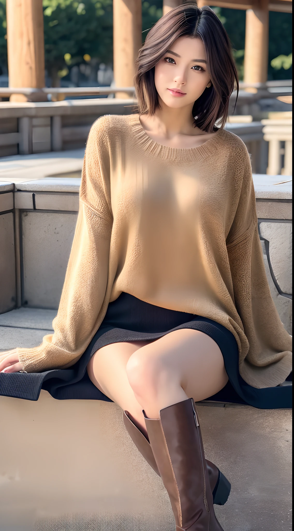 Best Quality, 8k, 32k, Masterpiece, UHD: 1.3), Attractive Japan Woman Pictures, One Girl, (full body : 1.0), Abs, Perfect Body, (oversized tunic sweater : 1.1), (boots:1.1), Ultra Detailed Face, Detailed Lips, Fine Eyes, Double Eyelids,short hair,Disheveled Hair