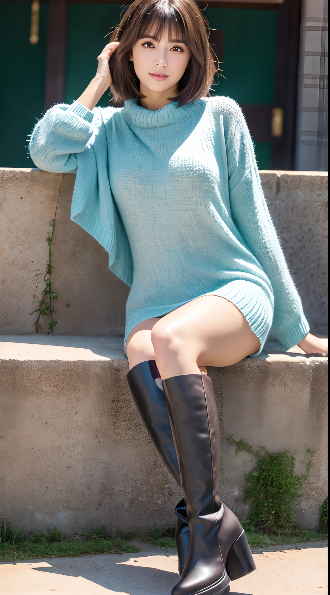 Best Quality, 8k, 32k, Masterpiece, UHD: 1.3), Attractive Japan Woman Pictures, One Girl, (full body : 1.0), Abs, Perfect Body, (oversized tunic sweater : 1.1), (boots:1.1), Ultra Detailed Face, Detailed Lips, Fine Eyes, Double Eyelids,short hair,Disheveled Hair
