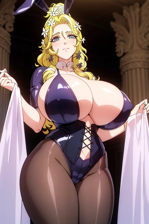 1chica, solamente, Afrodita, adornos para el cabello, flores en el cabello, pechos enormes, cuello, pulseras doradas, obra maestra, mejor calidad, colores vibrantes, NSFW, oversized gigantic breast, Mujer completamente madura, Cabello largo, happy face, lingerie stockings, bunny playboy, in the room, (Beautiful_cara:1.5), (estrecho_cintura) cinematic lighting, bust shot, extremely detailed CG unity 8k wallpaper, muscular, (gigantic breasts:1.0), big eyes, (curvy:0.8), caustics, (sunbeam:0.8), Playboy Bunny Outfit, sexy pose, corset, tight tights, oversized gigantic breast, BBW | Mujer completamente madura,{{{1girll}}}, {{{La mejor calidad}}}, {{{HDR, hiper HD, 8k }}}, {{Pintura ultrafina}}, {{{Obra maestra}}}, {{Ultra detallado}}, {{extreme detail description}}, (Pechos gigantescos de escote:1.5), blonde hair, blue eyes, detailed face, detailed eyes,